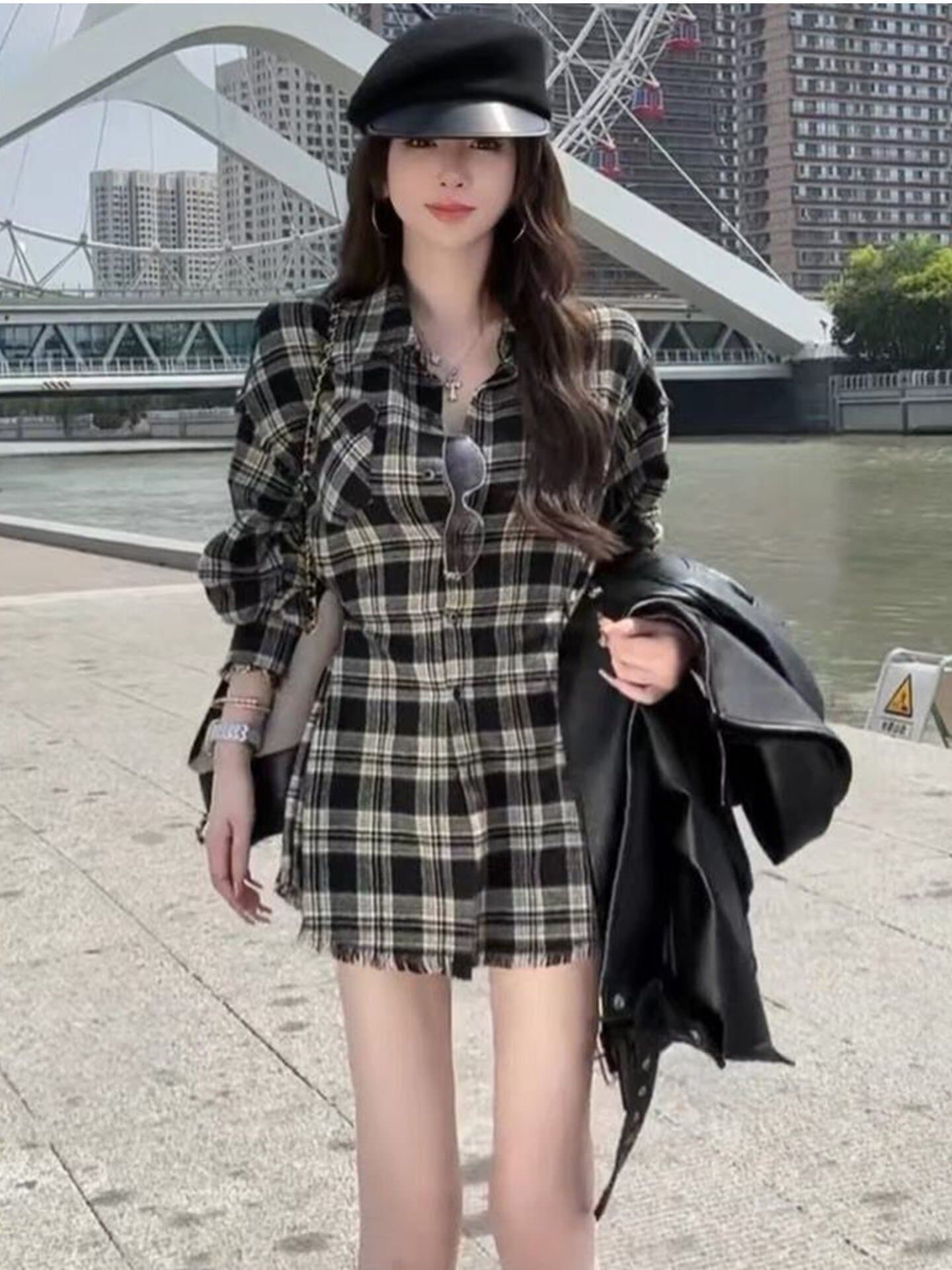 중간 길이 체크무늬 여성 셔츠 이른 봄 긴팔 새로운 항구 바람 레트로 패션 허리 수축 슬림해 보이는 루즈핏 재킷 맨위 상세 이미지 3