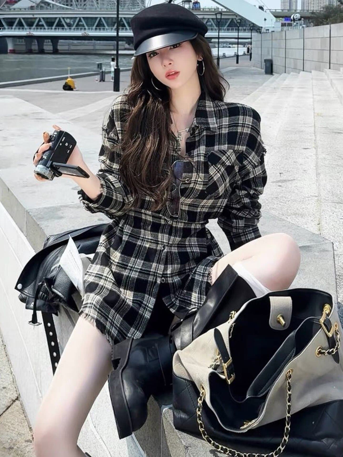 중간 길이 체크무늬 여성 셔츠 이른 봄 긴팔 새로운 항구 바람 레트로 패션 허리 수축 슬림해 보이는 루즈핏 재킷 맨위 상세 이미지 4