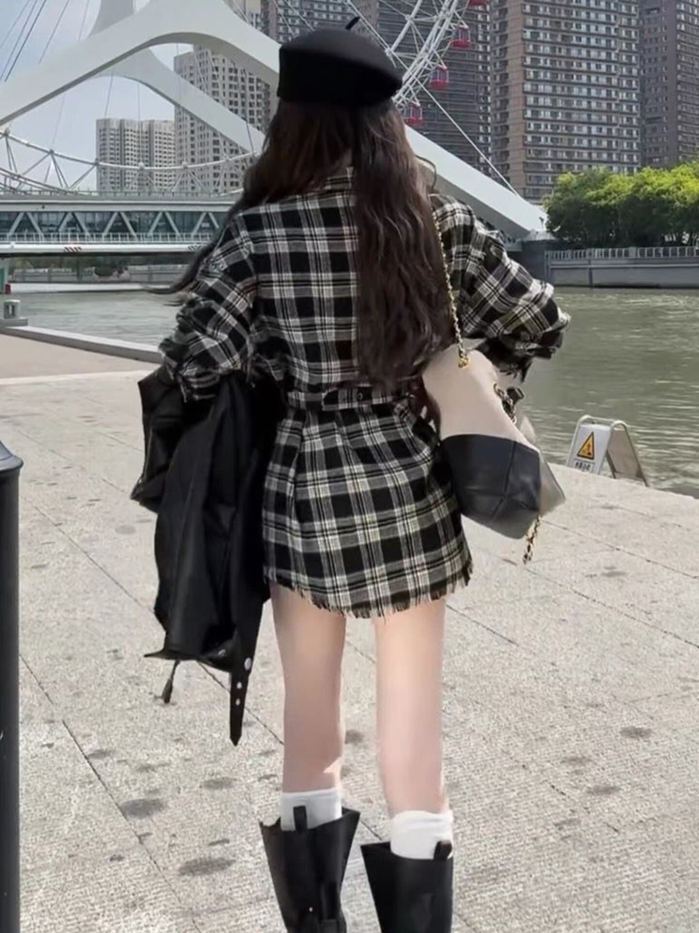 중간 길이 체크무늬 여성 셔츠 이른 봄 긴팔 새로운 항구 바람 레트로 패션 허리 수축 슬림해 보이는 루즈핏 재킷 맨위 상세 이미지 6