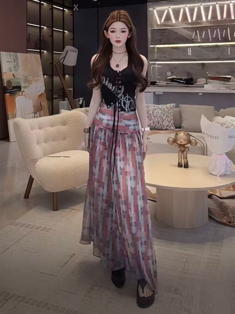 스타 같은 단락 세트 여성 핫걸 슬림해 보이는 검정색 스트랩 알파벳 조끼 하이웨이스트 체크무늬 반신 스커트 투피스 세트 상세 이미지 8