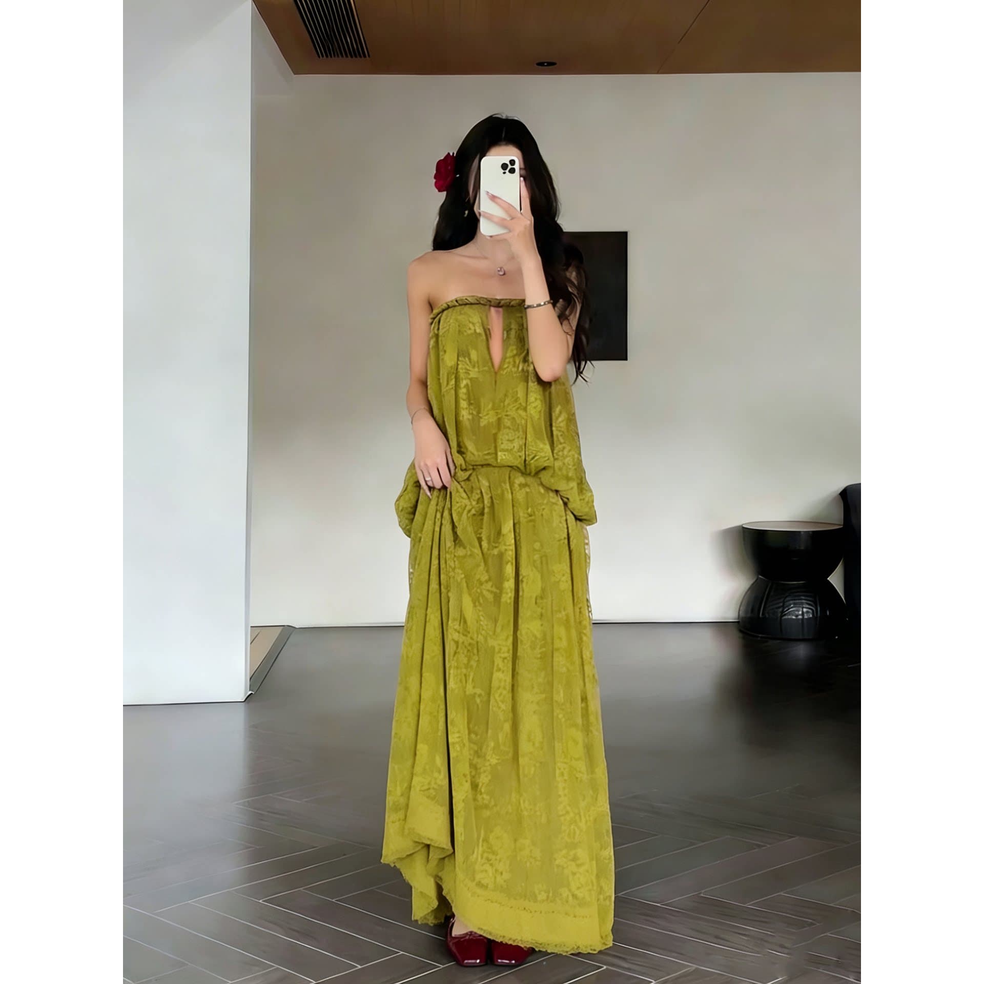 쉬운 꿈 링 같은 단락 휴가 바람 녹색 튜브탑 레이스 여성 드레스 새로운 롱 스커트 섹시함 오프숄더 빅 플레어 스커트 이미지 3