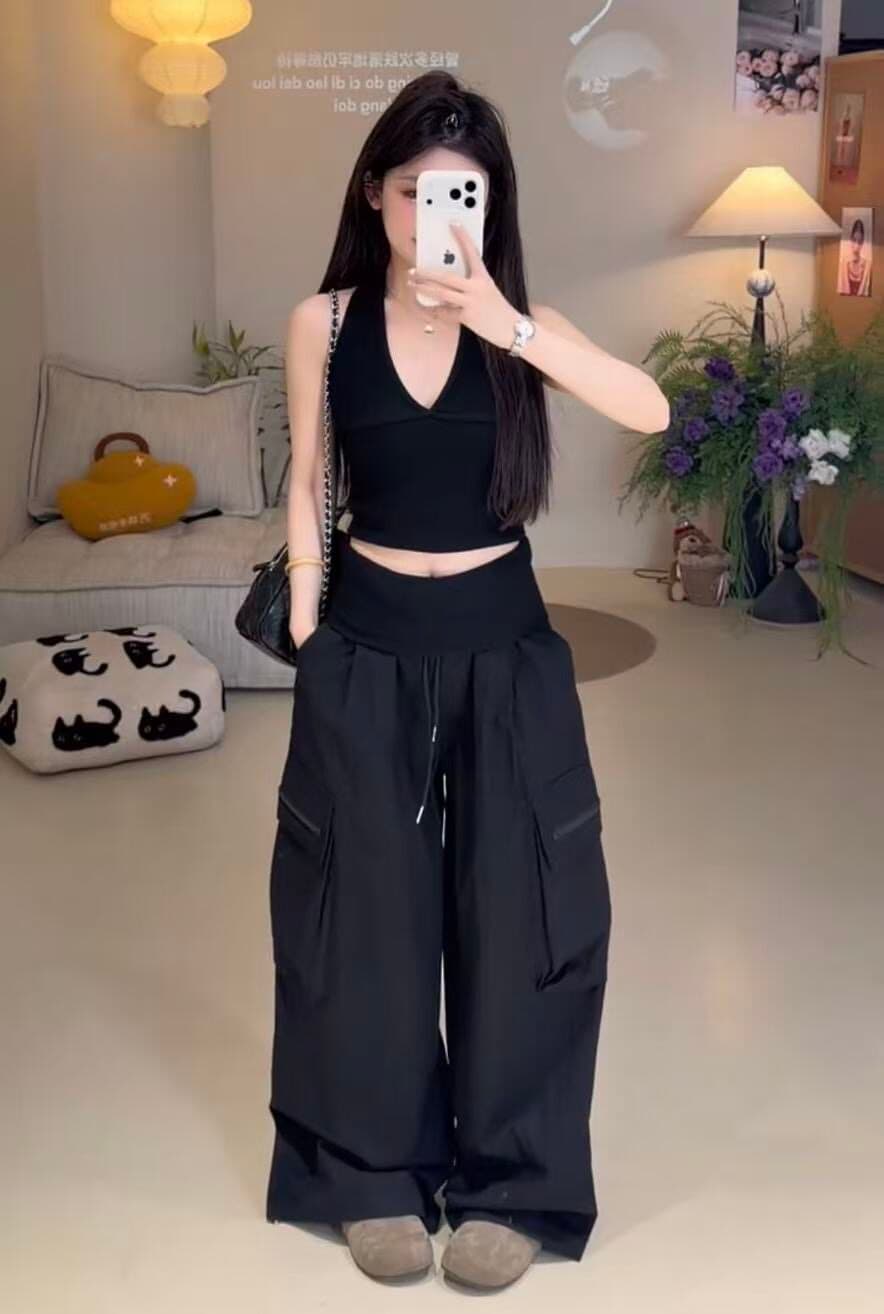 빛 사람들 핫걸 섹시함 행침 목 캐미솔 다용도 슬림해 보이는 워크웨어 와이드 팬츠 외국 가스 슬림해 보이는 투피스 세트 이미지 2