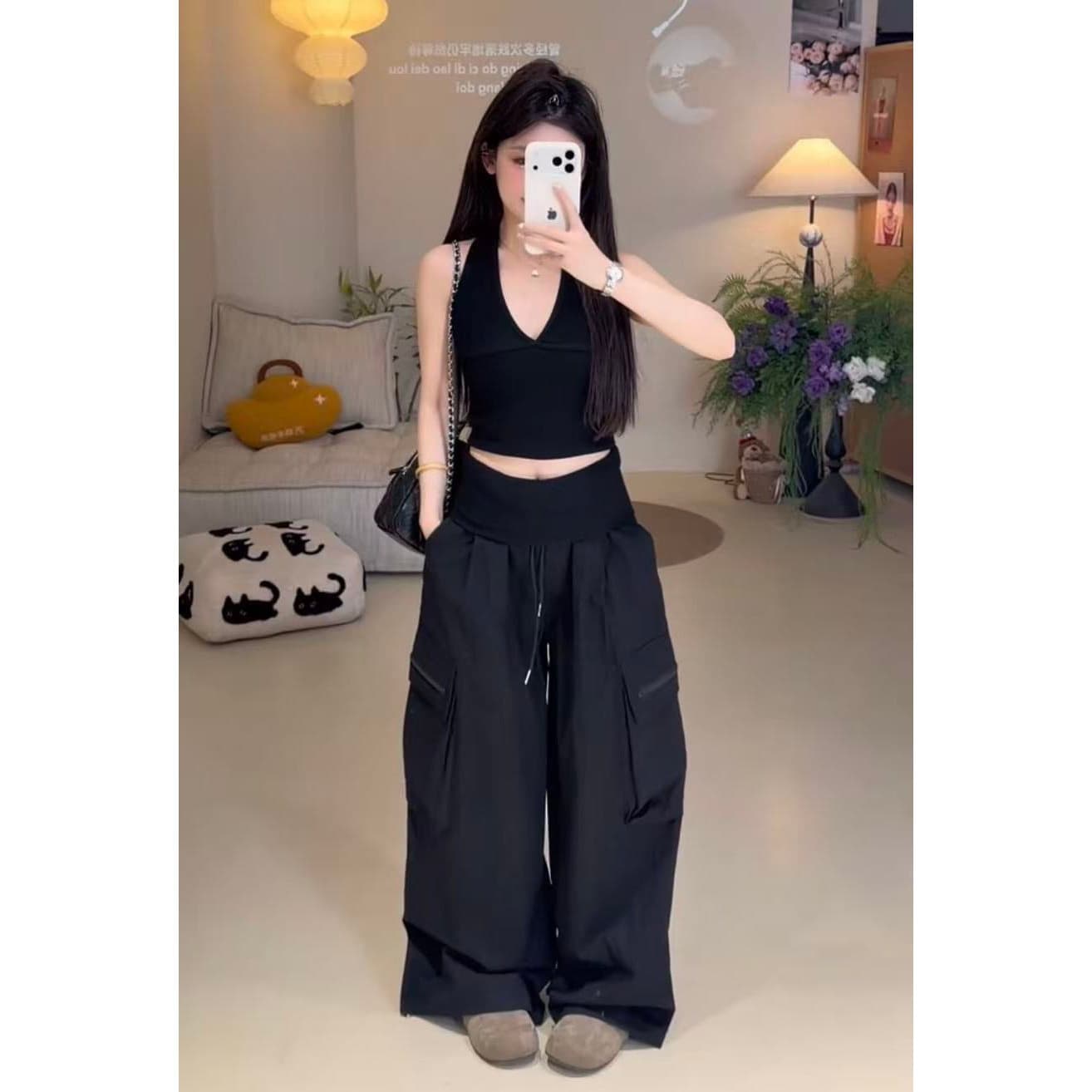 빛 사람들 핫걸 섹시함 행침 목 캐미솔 다용도 슬림해 보이는 워크웨어 와이드 팬츠 외국 가스 슬림해 보이는 투피스 세트 상세 이미지 4