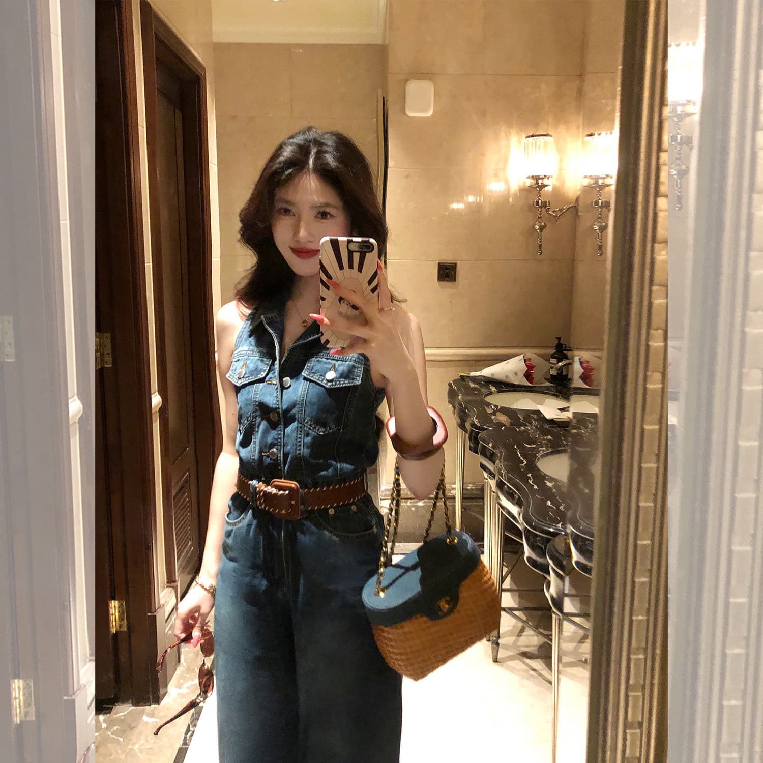 대 eees 블루스 레트로 항구 바람 하이웨이스트 데님 점프 슈트 여름 레트로 워싱 와이드 레그 팬츠 원피스 바지 이미지 4