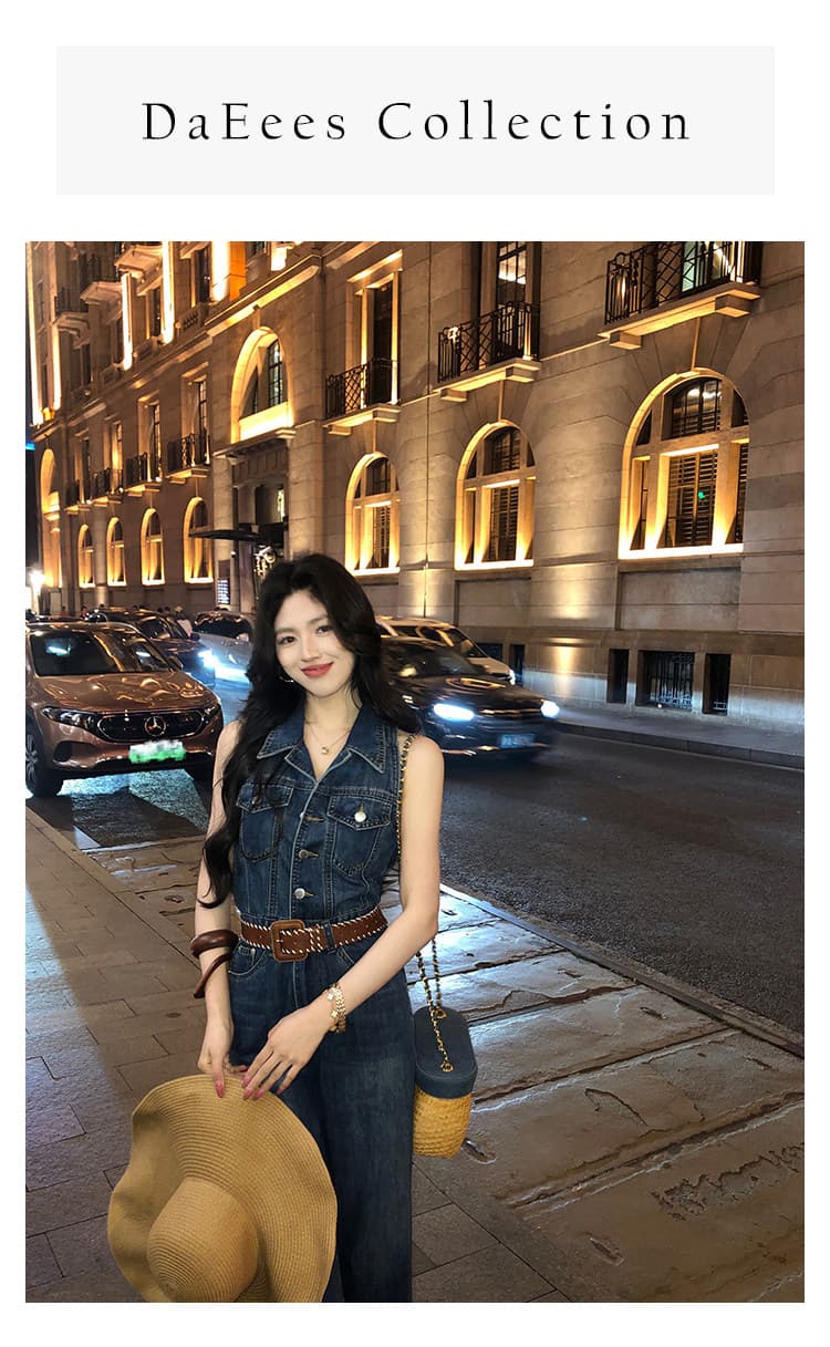대 eees 블루스 레트로 항구 바람 하이웨이스트 데님 점프 슈트 여름 레트로 워싱 와이드 레그 팬츠 원피스 바지 상세 이미지 2