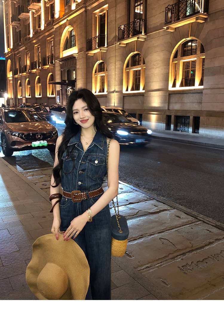 대 eees 블루스 레트로 항구 바람 하이웨이스트 데님 점프 슈트 여름 레트로 워싱 와이드 레그 팬츠 원피스 바지 상세 이미지 4