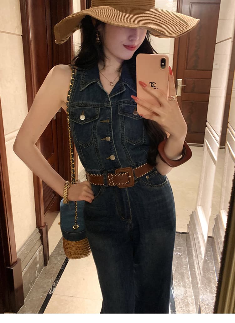 대 eees 블루스 레트로 항구 바람 하이웨이스트 데님 점프 슈트 여름 레트로 워싱 와이드 레그 팬츠 원피스 바지 상세 이미지 6