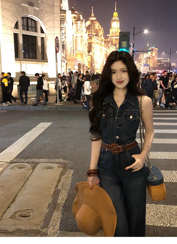 대 eees 블루스 레트로 항구 바람 하이웨이스트 데님 점프 슈트 여름 레트로 워싱 와이드 레그 팬츠 원피스 바지 상세 이미지 12