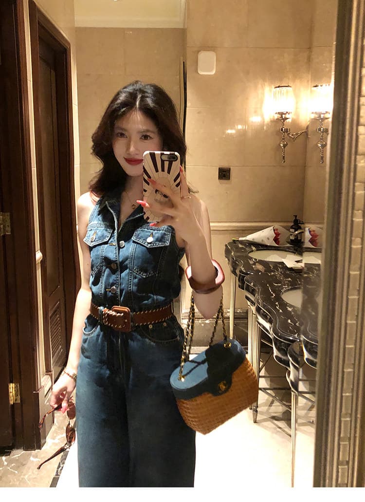 대 eees 블루스 레트로 항구 바람 하이웨이스트 데님 점프 슈트 여름 레트로 워싱 와이드 레그 팬츠 원피스 바지 상세 이미지 13