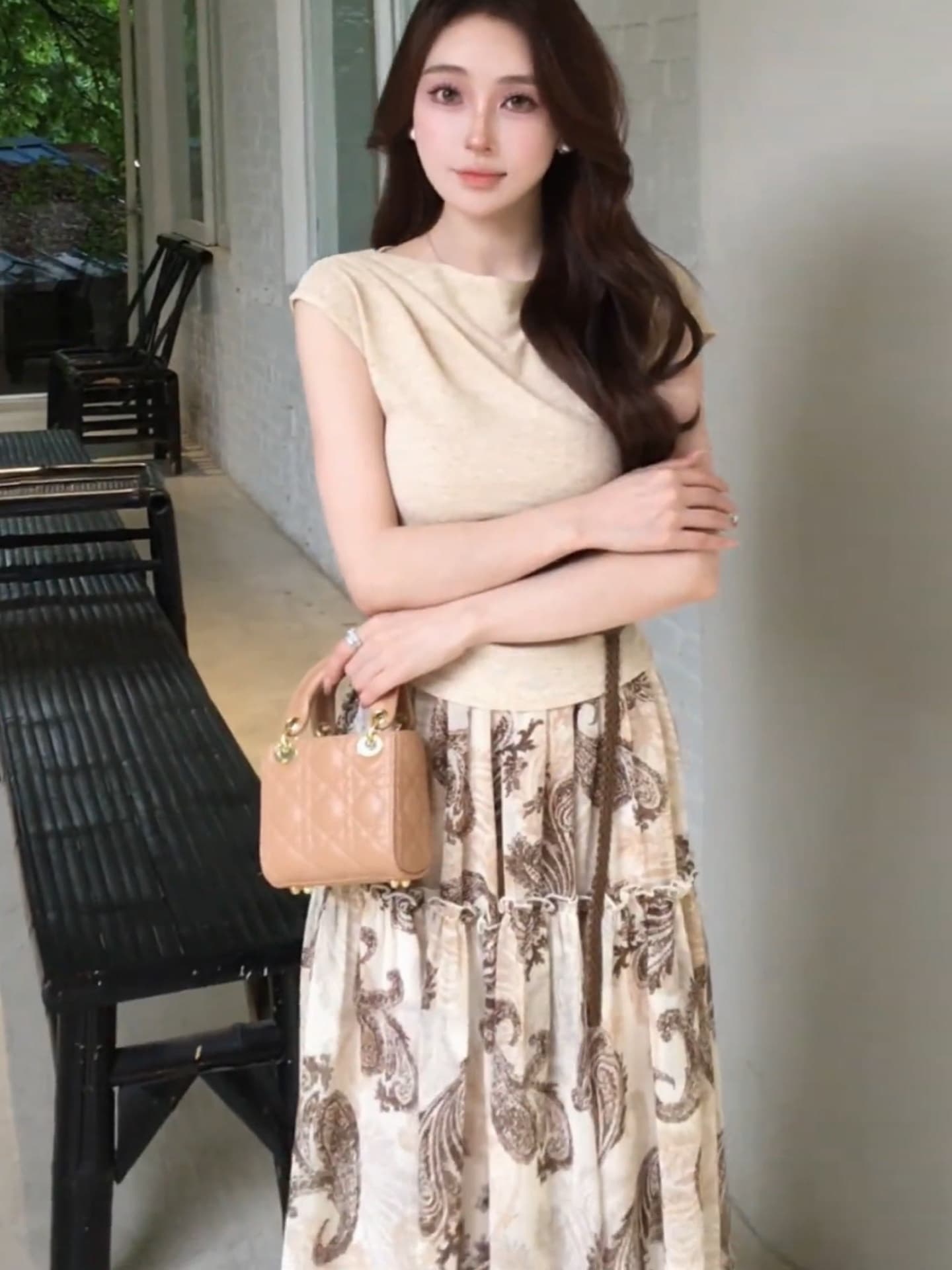 여름 ootd 착용 가져 가라. 세트 여성 2026 새로운 순수한 욕망 바람 허리 수축 티셔츠 레트로 꽃무늬 반신 스커트 투피스 세트 이미지 2