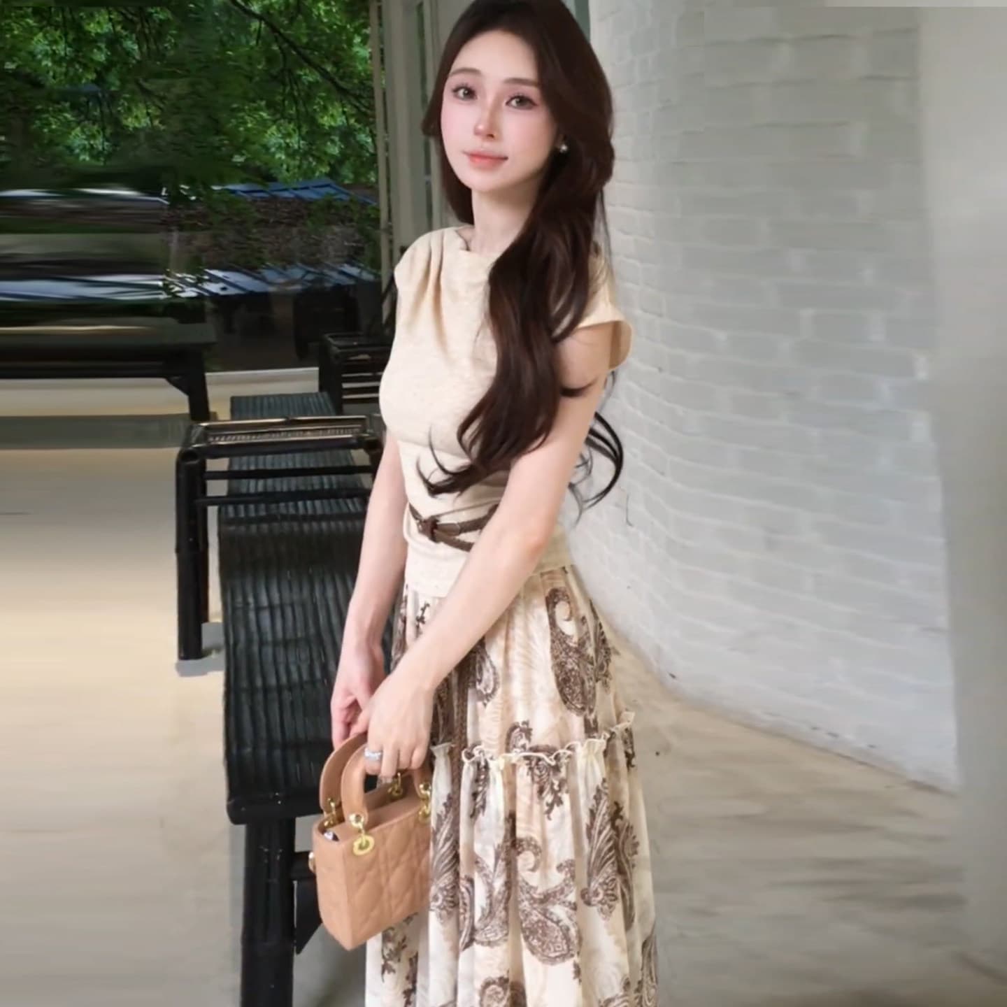 여름 ootd 착용 가져 가라. 세트 여성 2026 새로운 순수한 욕망 바람 허리 수축 티셔츠 레트로 꽃무늬 반신 스커트 투피스 세트 이미지 4