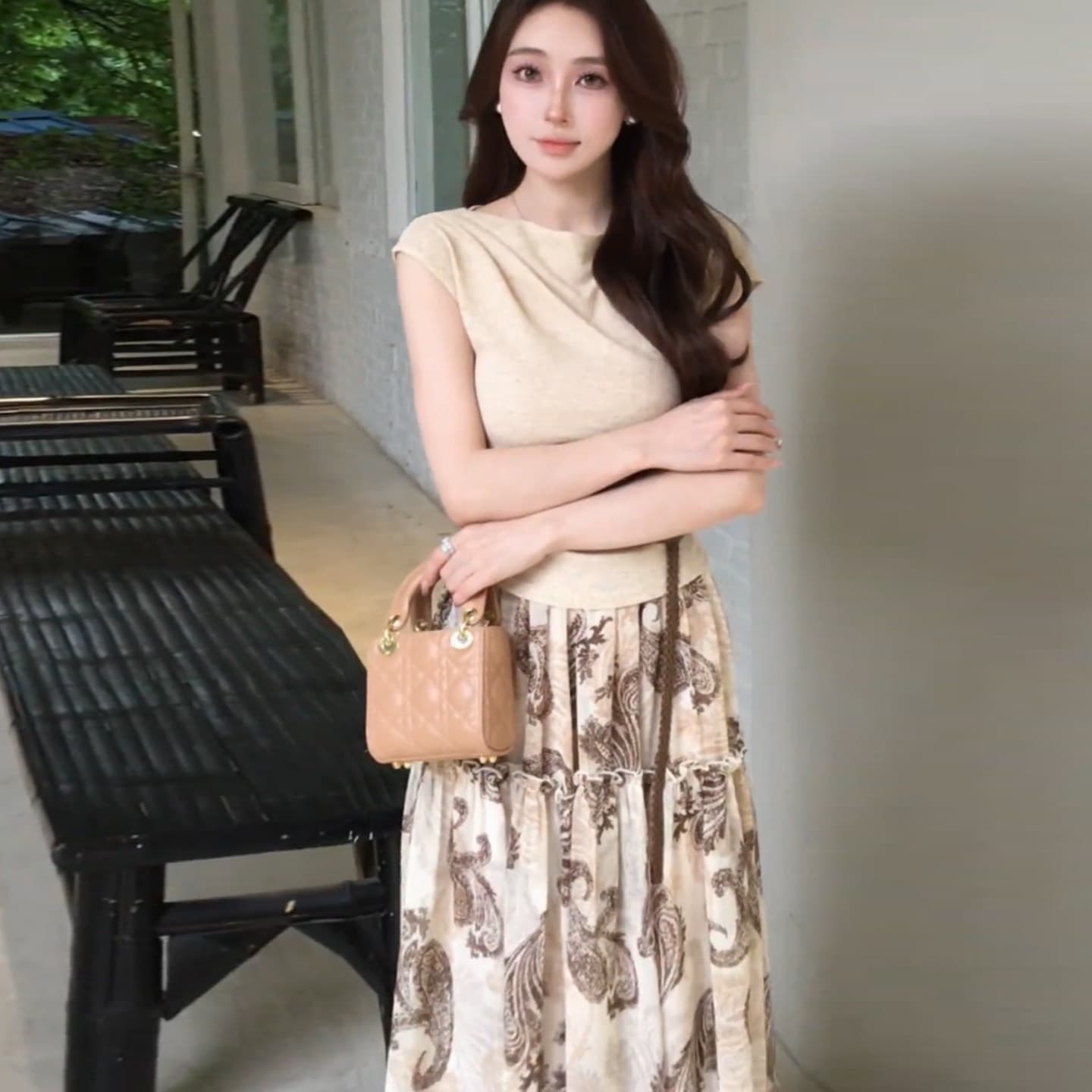 여름 ootd 착용 가져 가라. 세트 여성 2026 새로운 순수한 욕망 바람 허리 수축 티셔츠 레트로 꽃무늬 반신 스커트 투피스 세트 이미지 5