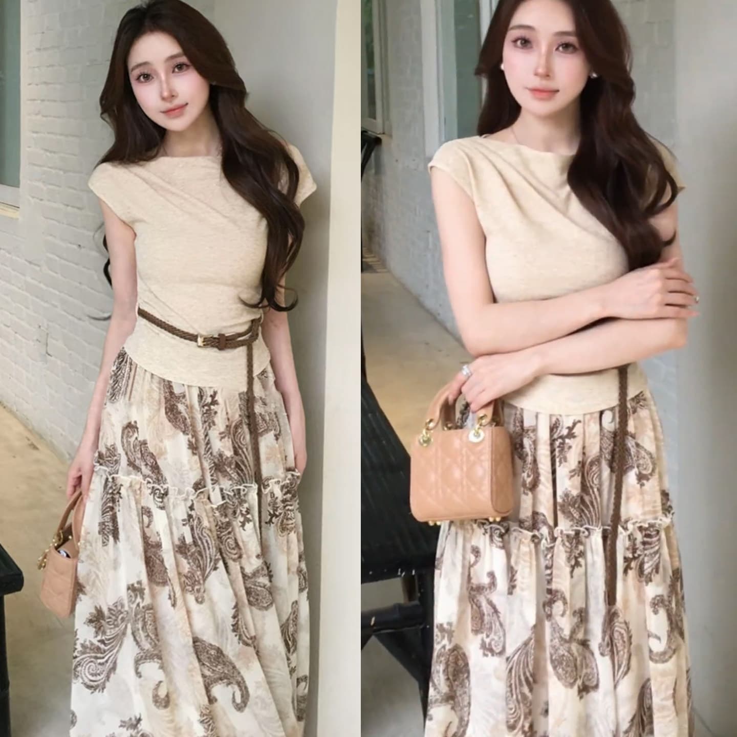 여름 ootd 착용 가져 가라. 세트 여성 2026 새로운 순수한 욕망 바람 허리 수축 티셔츠 레트로 꽃무늬 반신 스커트 투피스 세트 상세 이미지 3