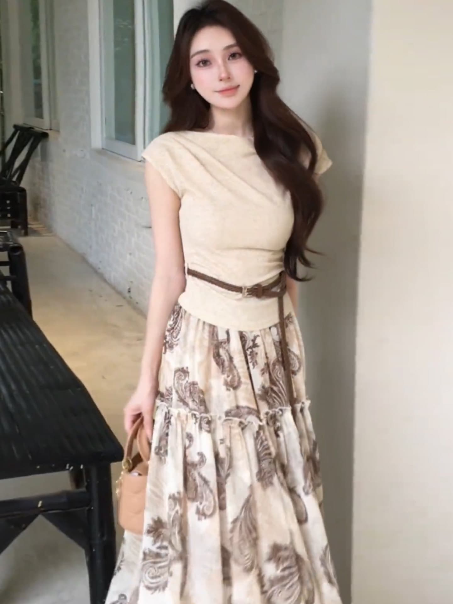 여름 ootd 착용 가져 가라. 세트 여성 2026 새로운 순수한 욕망 바람 허리 수축 티셔츠 레트로 꽃무늬 반신 스커트 투피스 세트 상세 이미지 5