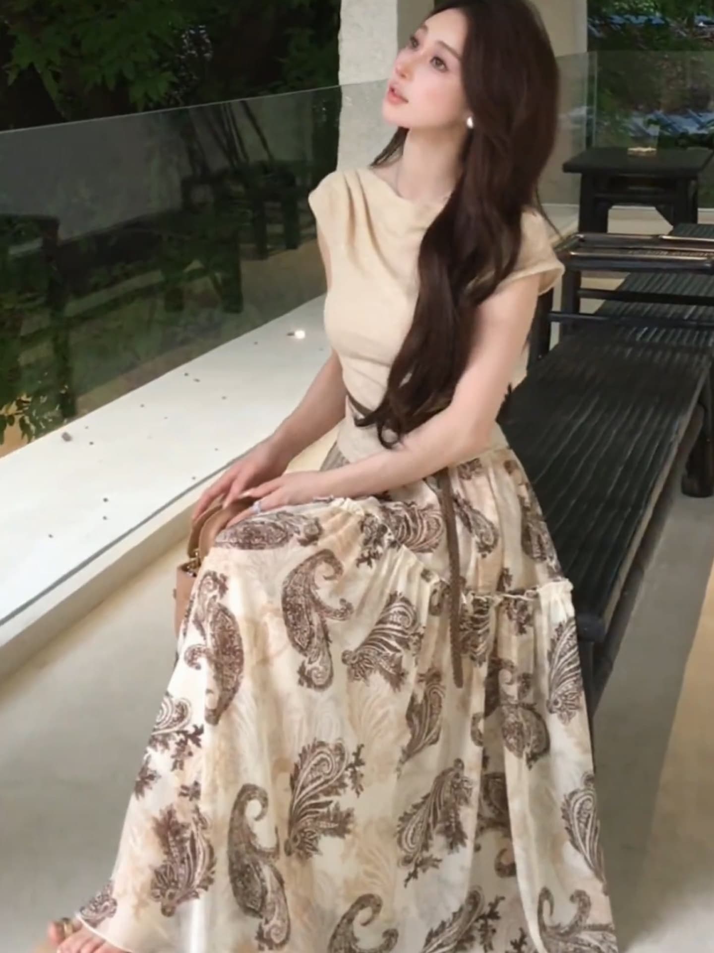 여름 ootd 착용 가져 가라. 세트 여성 2026 새로운 순수한 욕망 바람 허리 수축 티셔츠 레트로 꽃무늬 반신 스커트 투피스 세트 상세 이미지 6