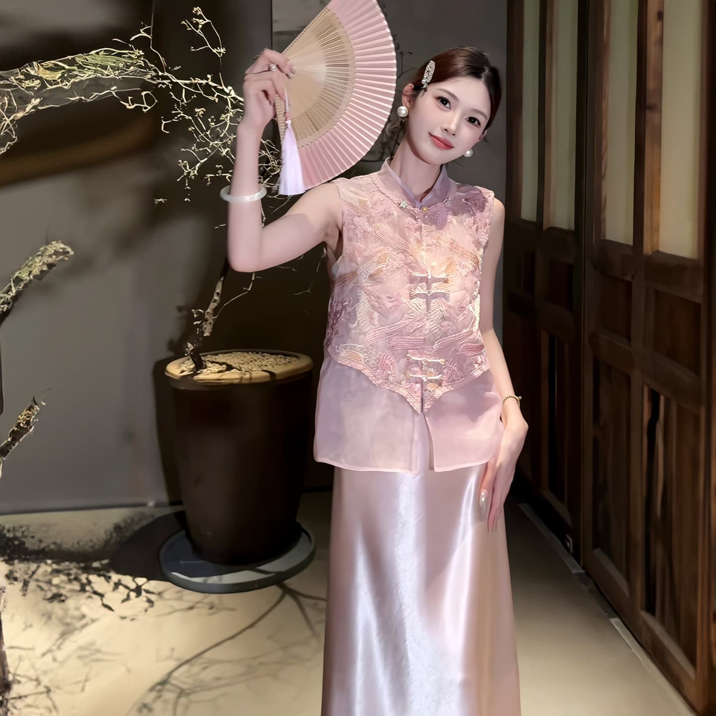 여름 비싼 가스 센스 명문 여성 품격 여신 팬 관대 한 점잖은 새로운 중식 국풍 셔츠 슬립 점프 슈트 치마 세트 이미지 3