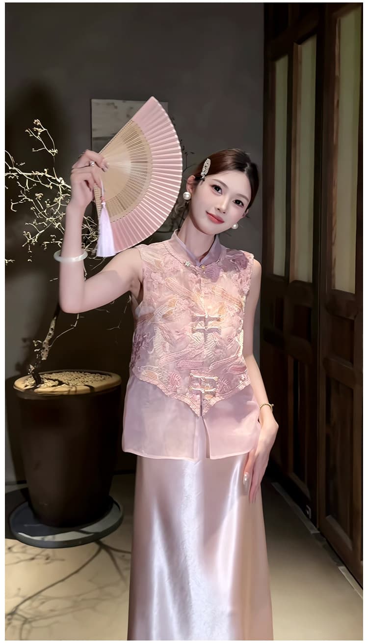 여름 비싼 가스 센스 명문 여성 품격 여신 팬 관대 한 점잖은 새로운 중식 국풍 셔츠 슬립 점프 슈트 치마 세트 상세 이미지 1
