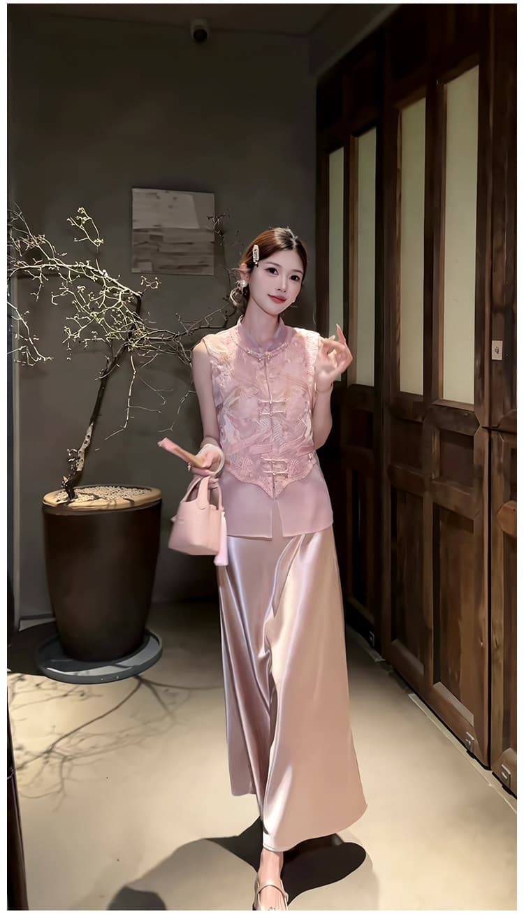 여름 비싼 가스 센스 명문 여성 품격 여신 팬 관대 한 점잖은 새로운 중식 국풍 셔츠 슬립 점프 슈트 치마 세트 상세 이미지 2