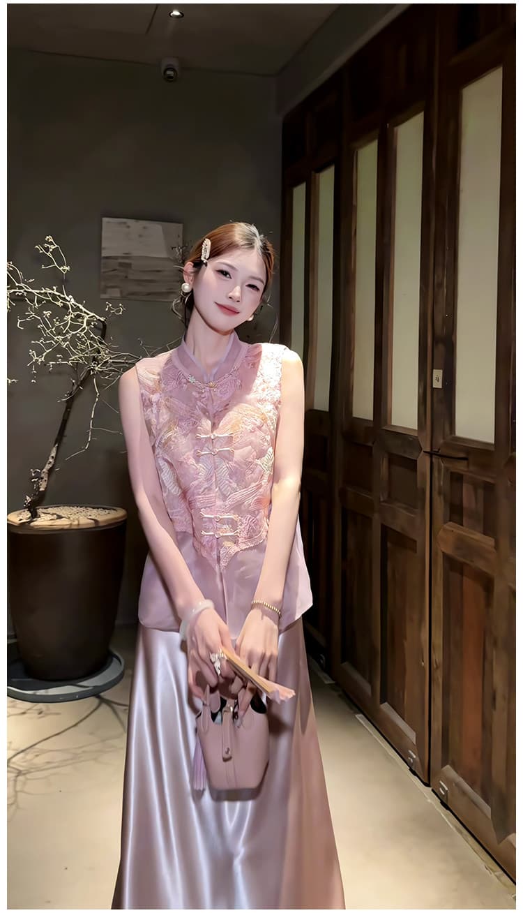 여름 비싼 가스 센스 명문 여성 품격 여신 팬 관대 한 점잖은 새로운 중식 국풍 셔츠 슬립 점프 슈트 치마 세트 상세 이미지 4