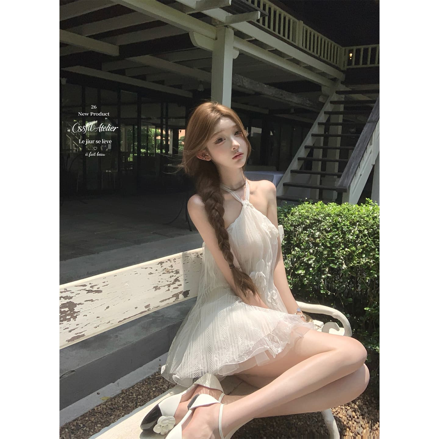 프랑스식 순수한 욕망 요정 바람 3 차원 꽃 민소매 행침 목 여성 드레스 여름 패션 섹시함 백리스 드레스 상세 이미지 2