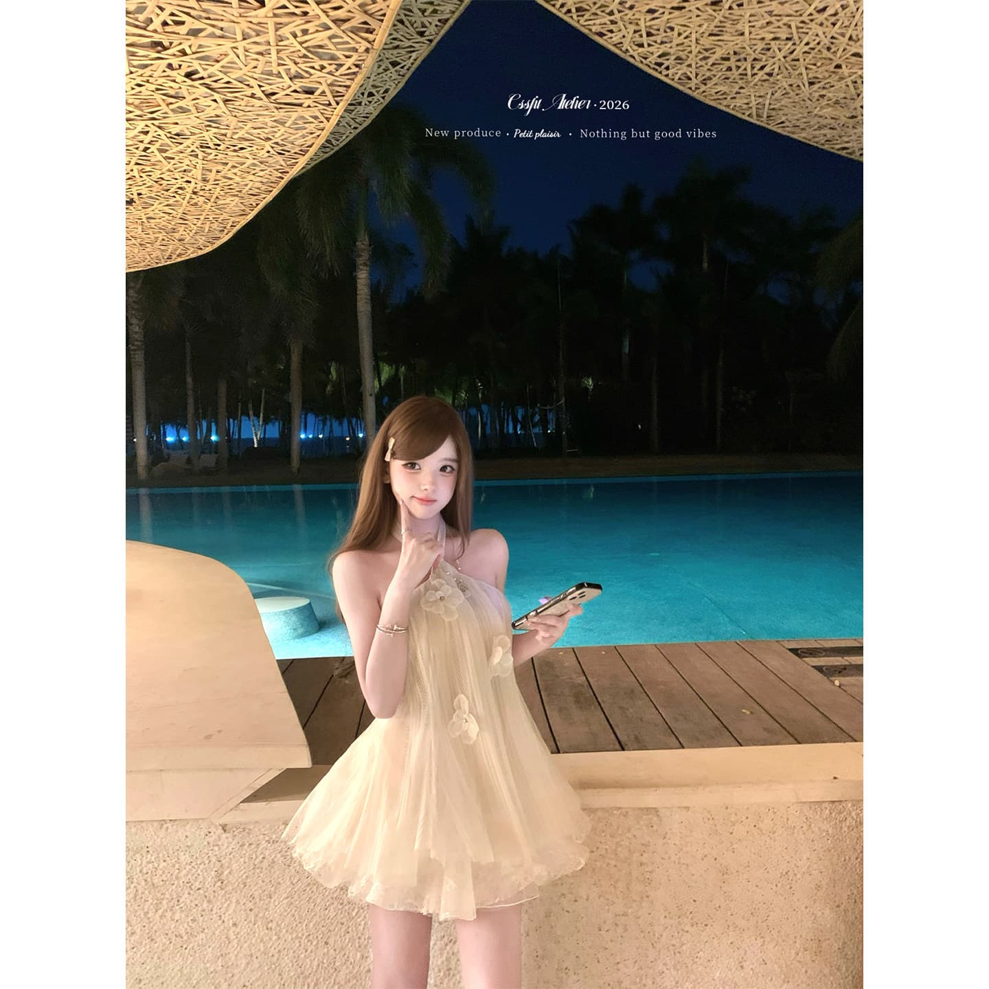 프랑스식 순수한 욕망 요정 바람 3 차원 꽃 민소매 행침 목 여성 드레스 여름 패션 섹시함 백리스 드레스 상세 이미지 3
