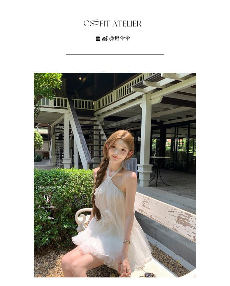 프랑스식 순수한 욕망 요정 바람 3 차원 꽃 민소매 행침 목 여성 드레스 여름 패션 섹시함 백리스 드레스 상세 이미지 5