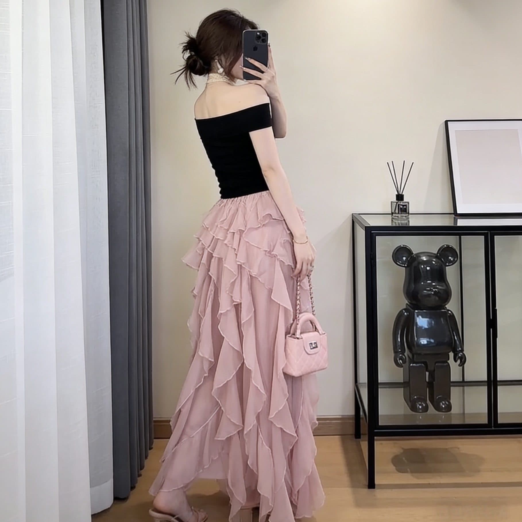 오프숄더 맨위 불규칙 케이크 반신 스커트 여성 여름 슬림해 보이는 섹시함 품격 착용 가져 가라. 고급 센스 이미지 5