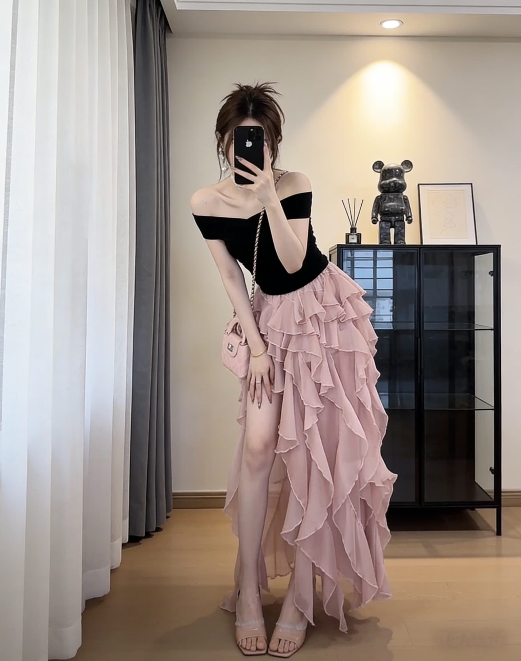 오프숄더 맨위 불규칙 케이크 반신 스커트 여성 여름 슬림해 보이는 섹시함 품격 착용 가져 가라. 고급 센스 상세 이미지 4