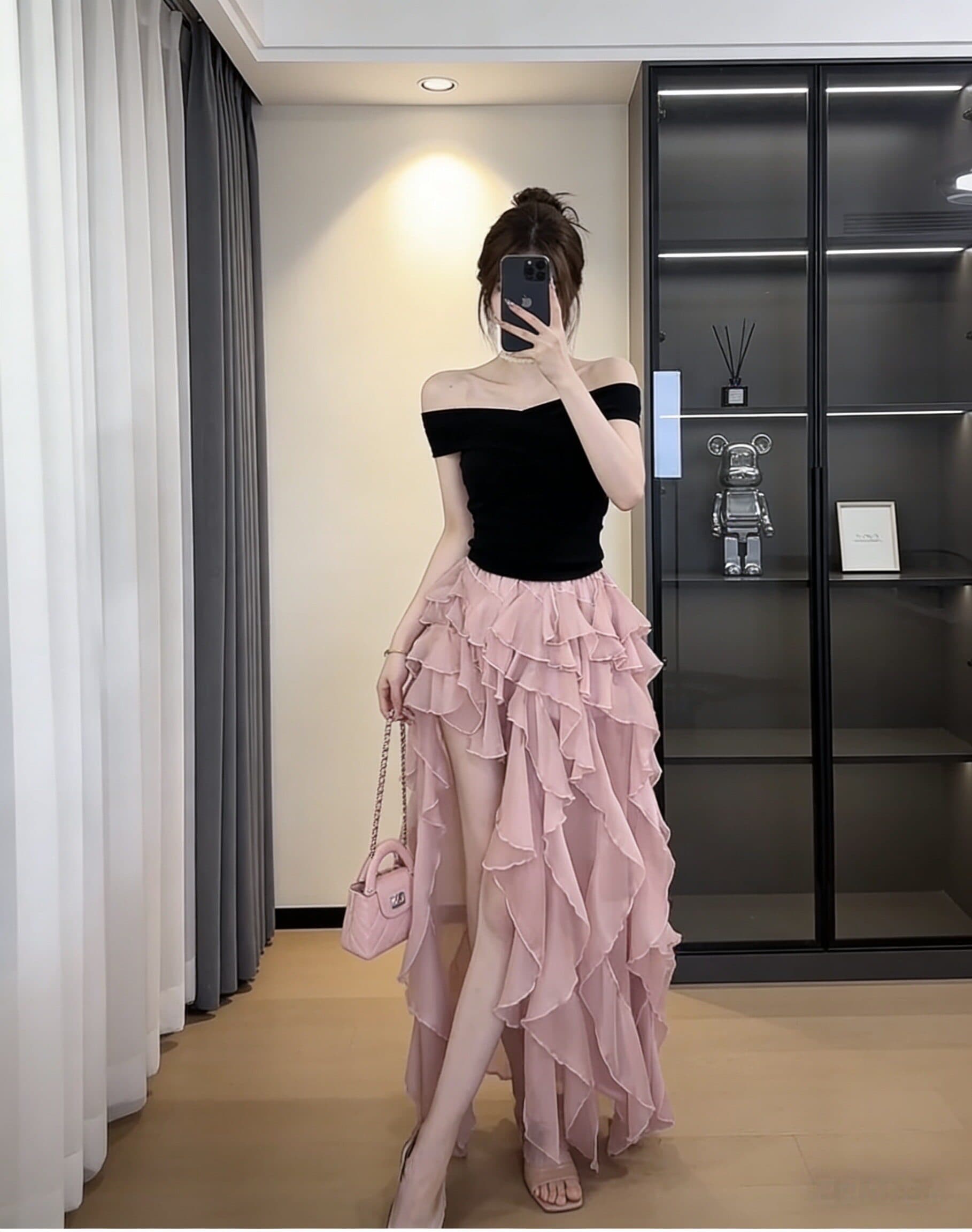 오프숄더 맨위 불규칙 케이크 반신 스커트 여성 여름 슬림해 보이는 섹시함 품격 착용 가져 가라. 고급 센스 상세 이미지 5