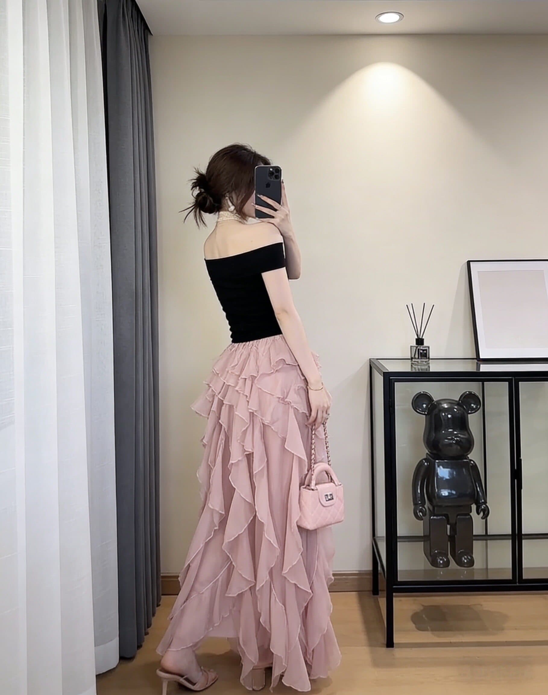 오프숄더 맨위 불규칙 케이크 반신 스커트 여성 여름 슬림해 보이는 섹시함 품격 착용 가져 가라. 고급 센스 상세 이미지 8
