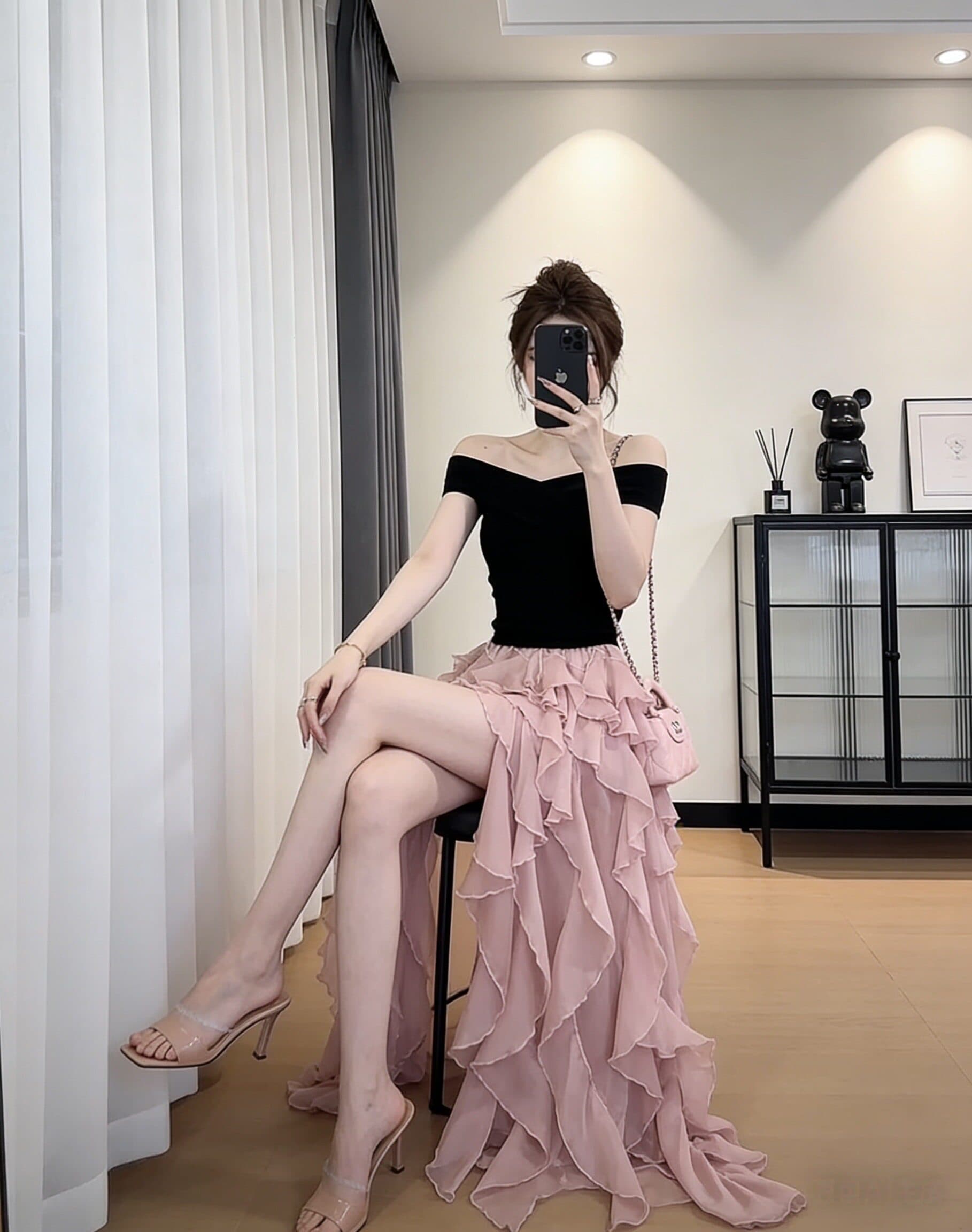 오프숄더 맨위 불규칙 케이크 반신 스커트 여성 여름 슬림해 보이는 섹시함 품격 착용 가져 가라. 고급 센스 상세 이미지 18