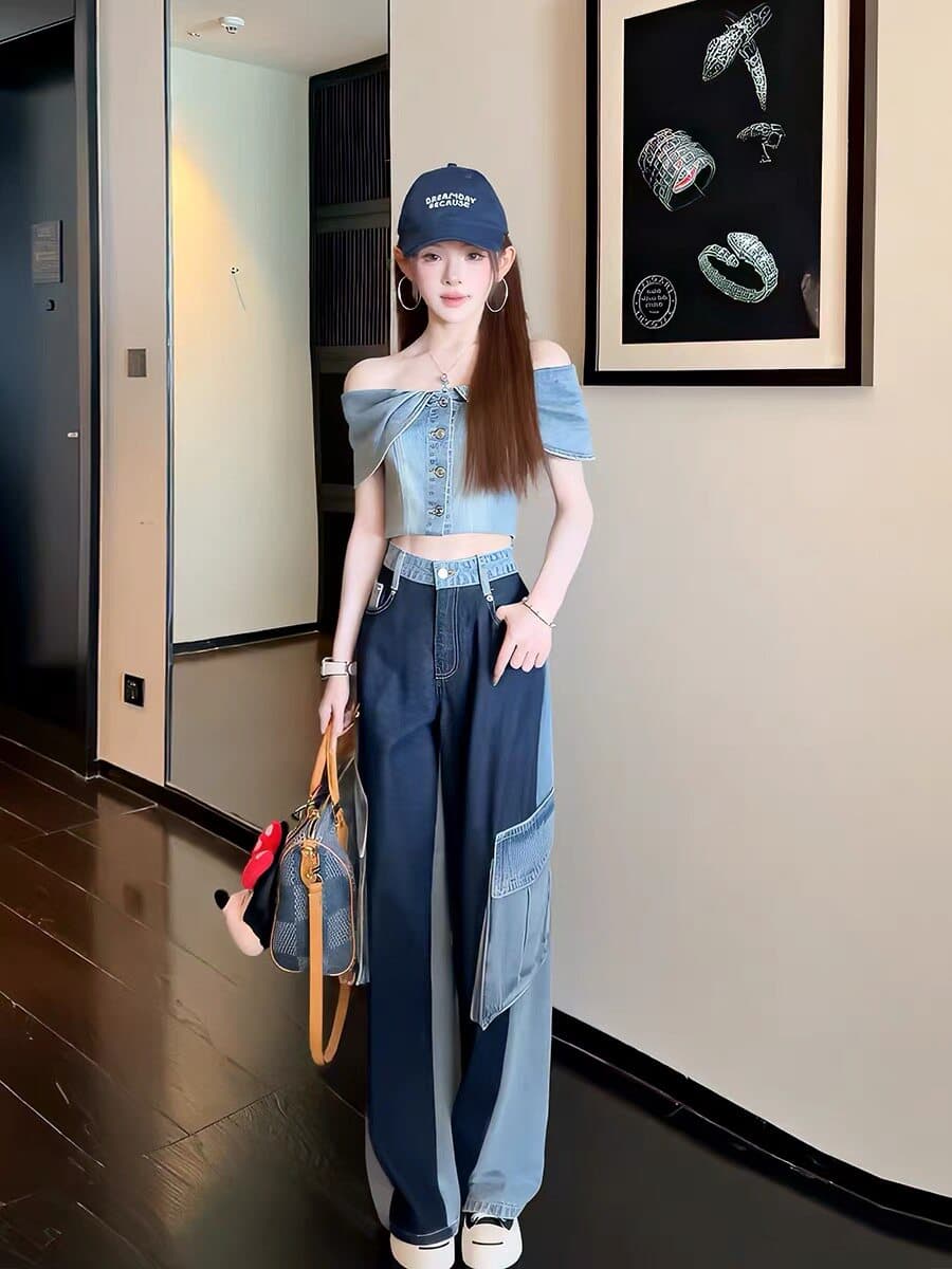 여름 새로운 데님 거품 소매 레트로 프릴 한푸 워싱 워크웨어 패치워크 데님 모통이 칼 와이드 레그 팬츠 이미지 2