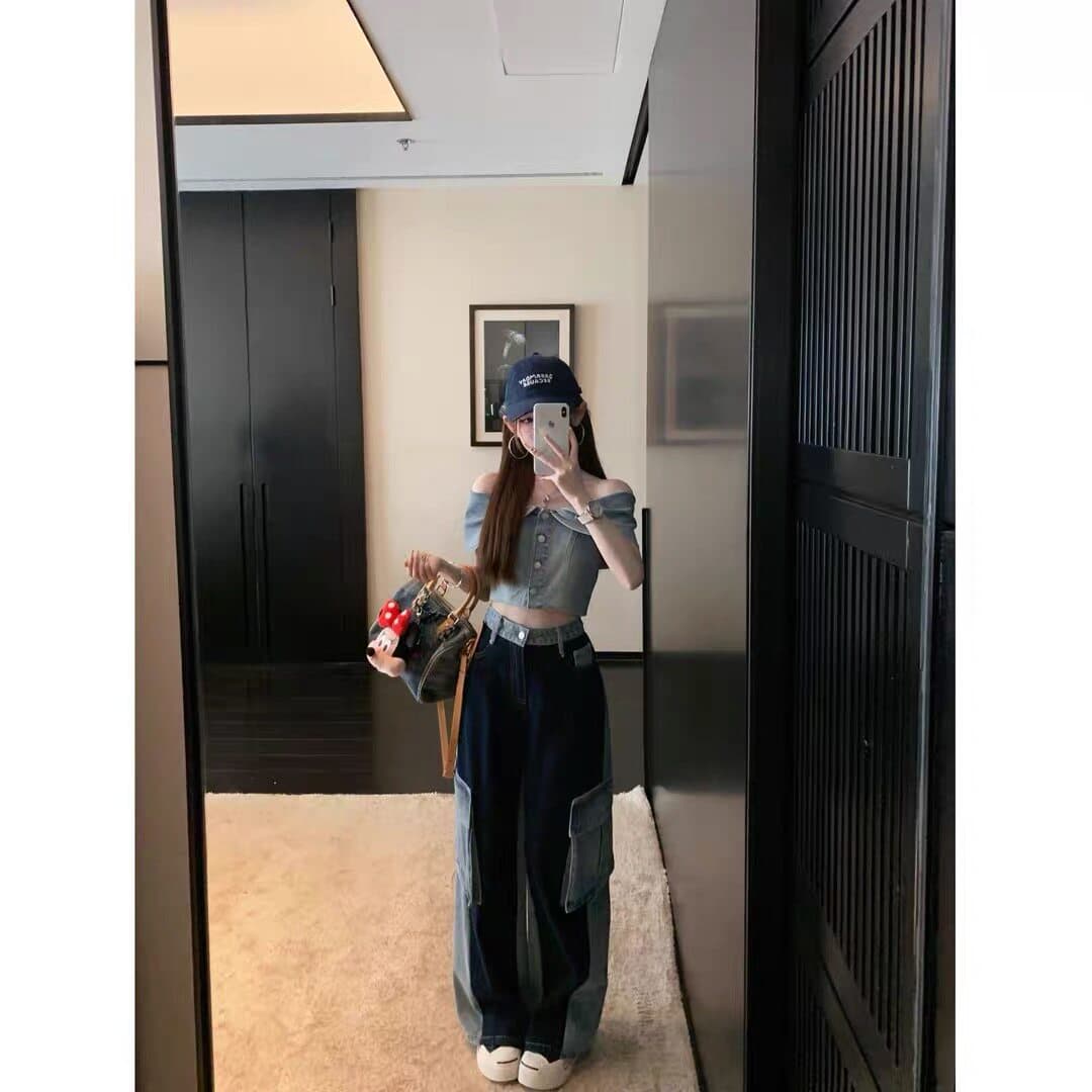 여름 새로운 데님 거품 소매 레트로 프릴 한푸 워싱 워크웨어 패치워크 데님 모통이 칼 와이드 레그 팬츠 상세 이미지 2