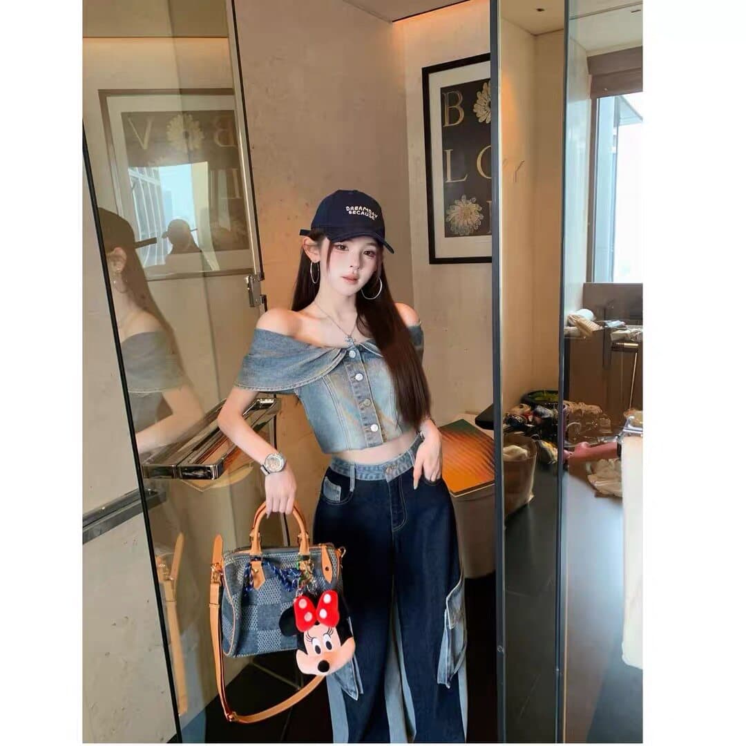 여름 새로운 데님 거품 소매 레트로 프릴 한푸 워싱 워크웨어 패치워크 데님 모통이 칼 와이드 레그 팬츠 상세 이미지 4