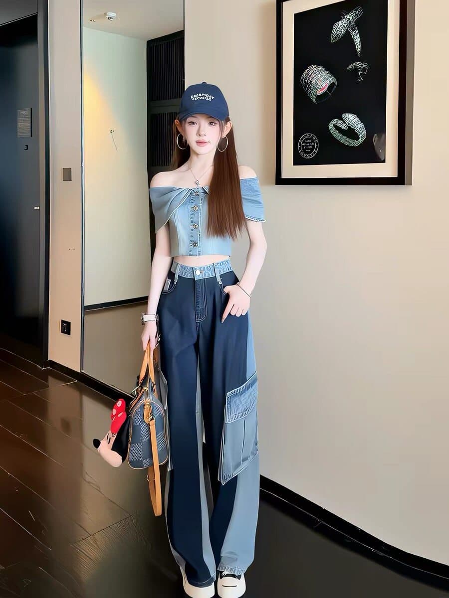 여름 새로운 데님 거품 소매 레트로 프릴 한푸 워싱 워크웨어 패치워크 데님 모통이 칼 와이드 레그 팬츠 상세 이미지 6