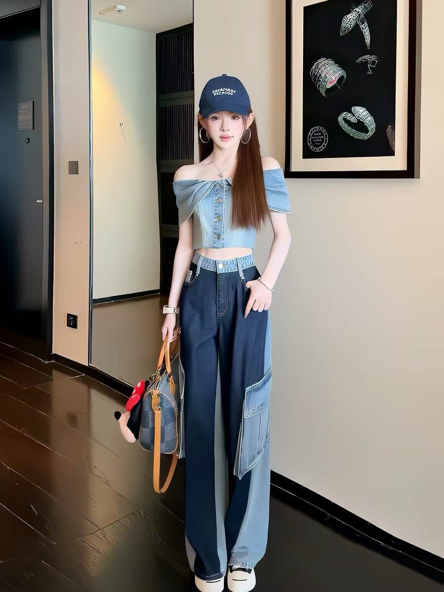 여름 새로운 데님 거품 소매 레트로 프릴 한푸 워싱 워크웨어 패치워크 데님 모통이 칼 와이드 레그 팬츠 상세 이미지 7