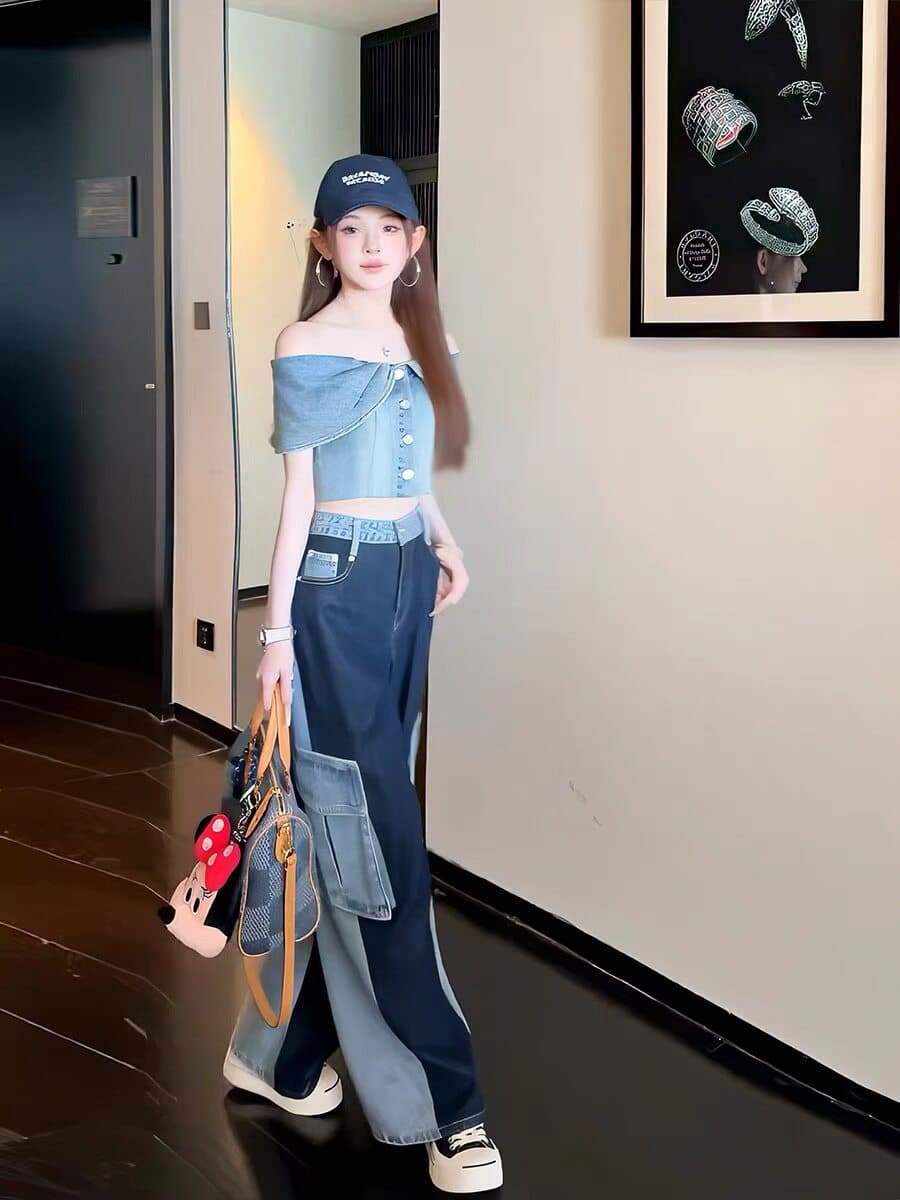 여름 새로운 데님 거품 소매 레트로 프릴 한푸 워싱 워크웨어 패치워크 데님 모통이 칼 와이드 레그 팬츠 상세 이미지 8