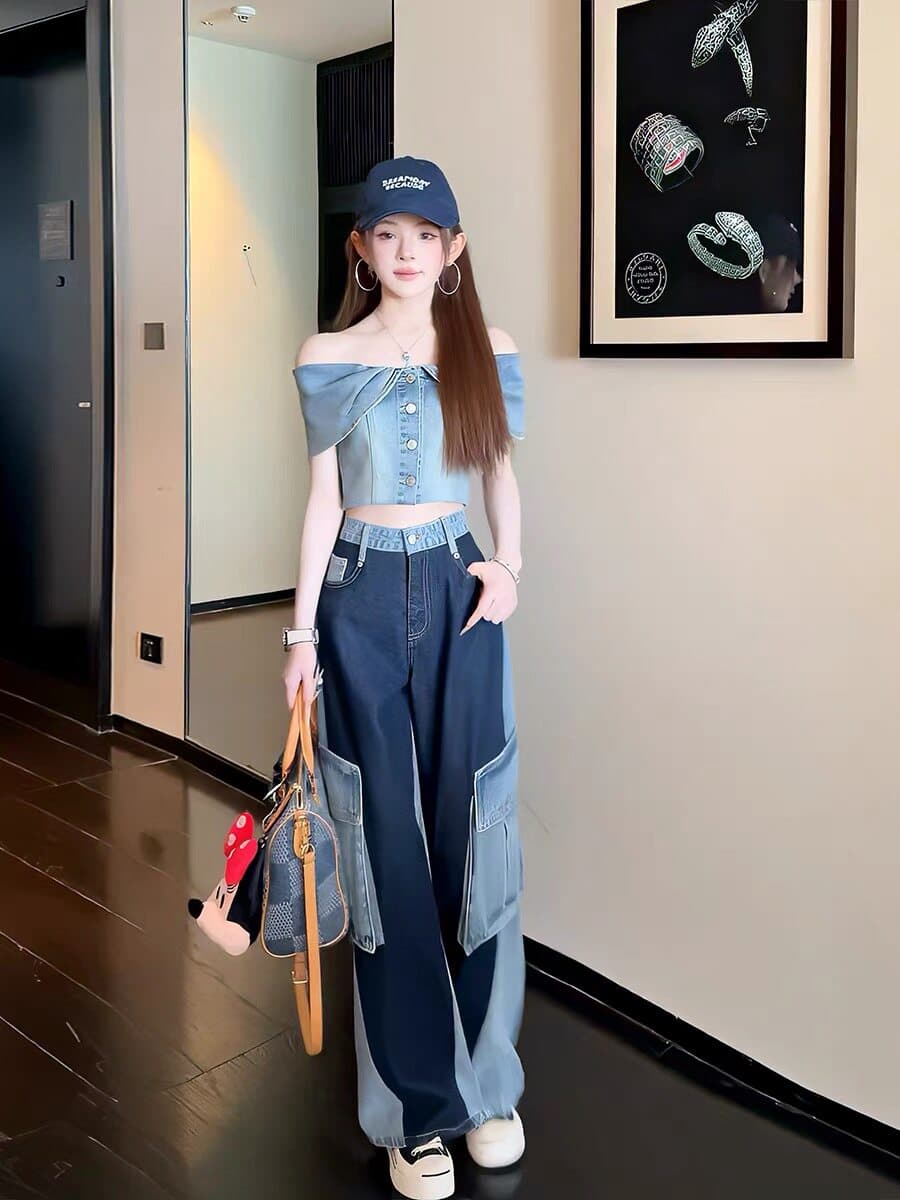 여름 새로운 데님 거품 소매 레트로 프릴 한푸 워싱 워크웨어 패치워크 데님 모통이 칼 와이드 레그 팬츠 상세 이미지 10