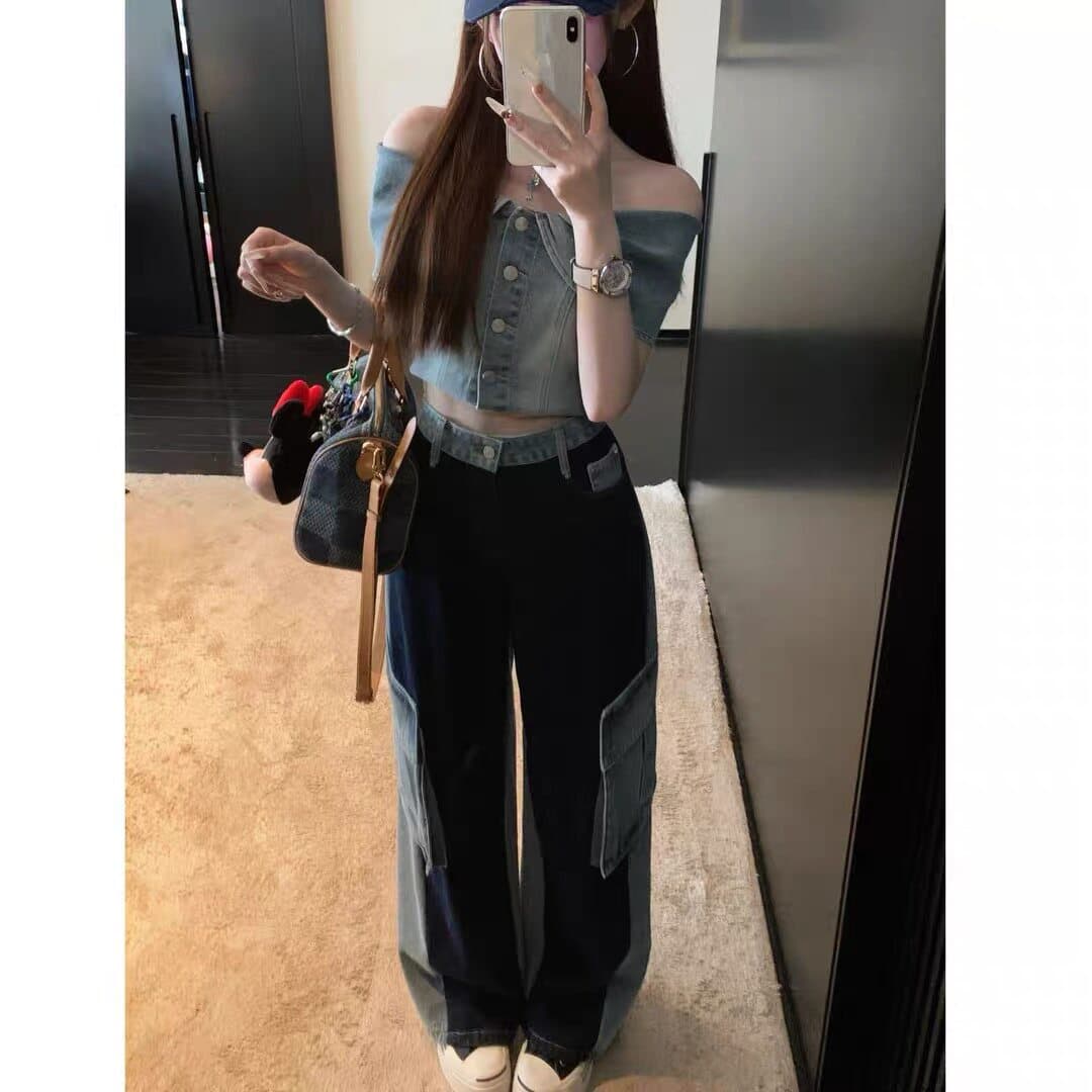 여름 새로운 데님 거품 소매 레트로 프릴 한푸 워싱 워크웨어 패치워크 데님 모통이 칼 와이드 레그 팬츠 상세 이미지 12