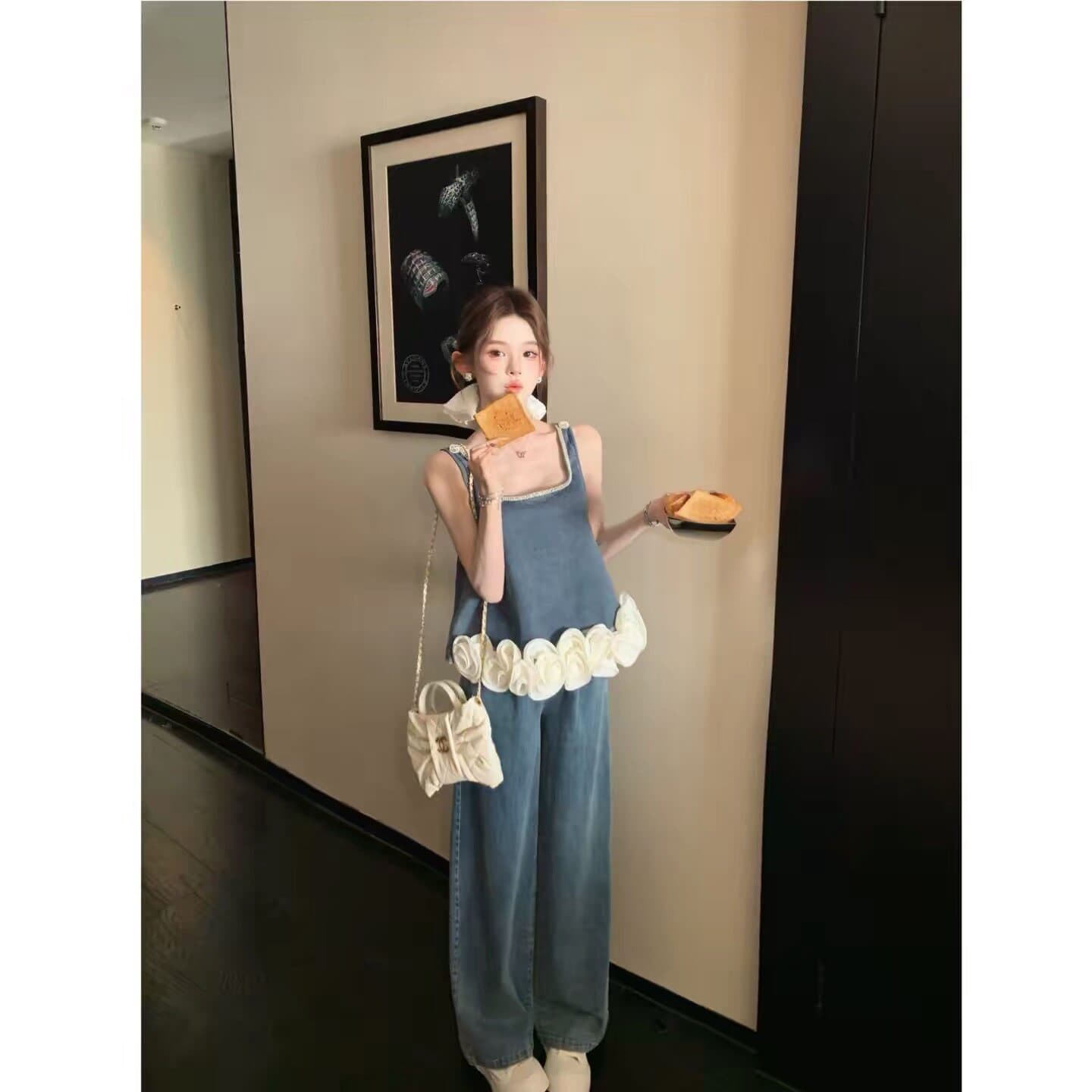 여름 새로운 데님 거품 소매 레트로 프릴 한푸 워싱 워크웨어 패치워크 데님 모통이 칼 와이드 레그 팬츠 상세 이미지 14