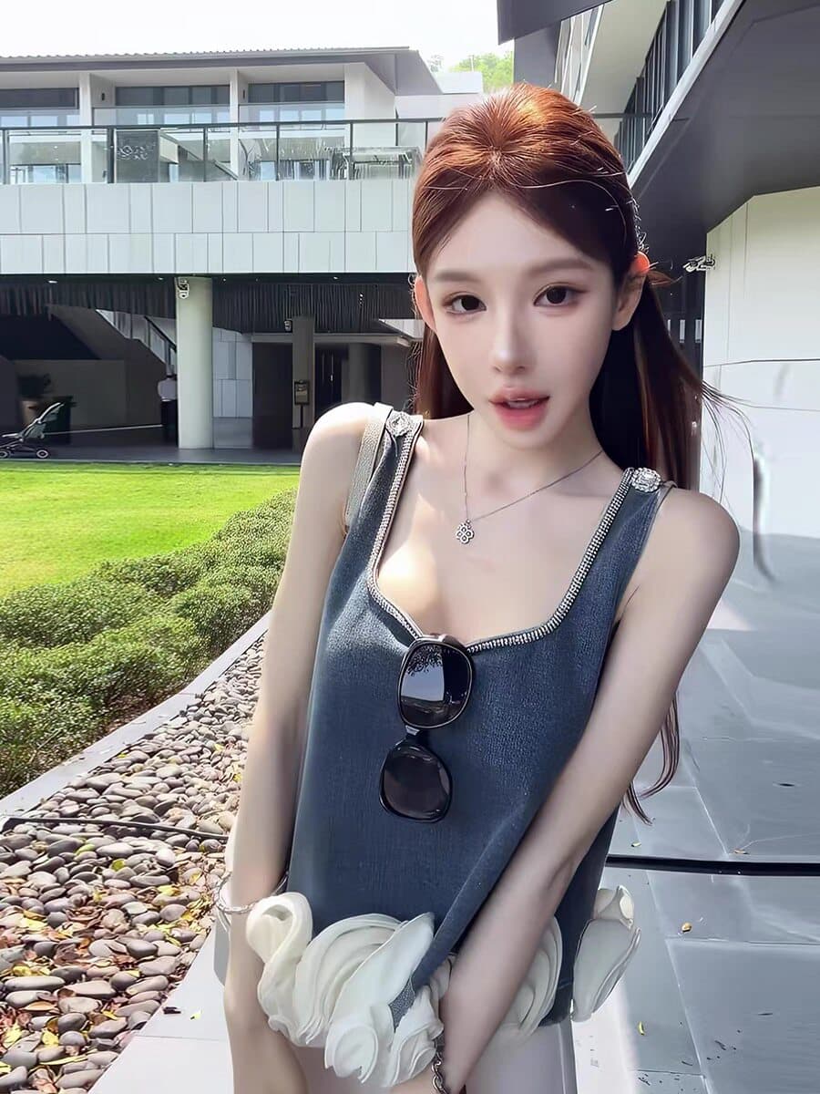 레트로 항구 바람 진한 파란색 데님 넓은 다리 길이 바지 세트 여성 봄 새로운 3 차원 꽃 조끼 맨위 상세 이미지 8