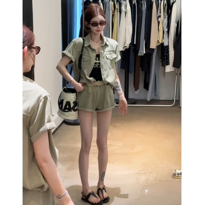 아메리칸 레트로 데님 세트 여성 여름 새로운 디자인 센스 캐주얼 연령 감소 반팔 재킷 반바지 투피스 세트 이미지 4