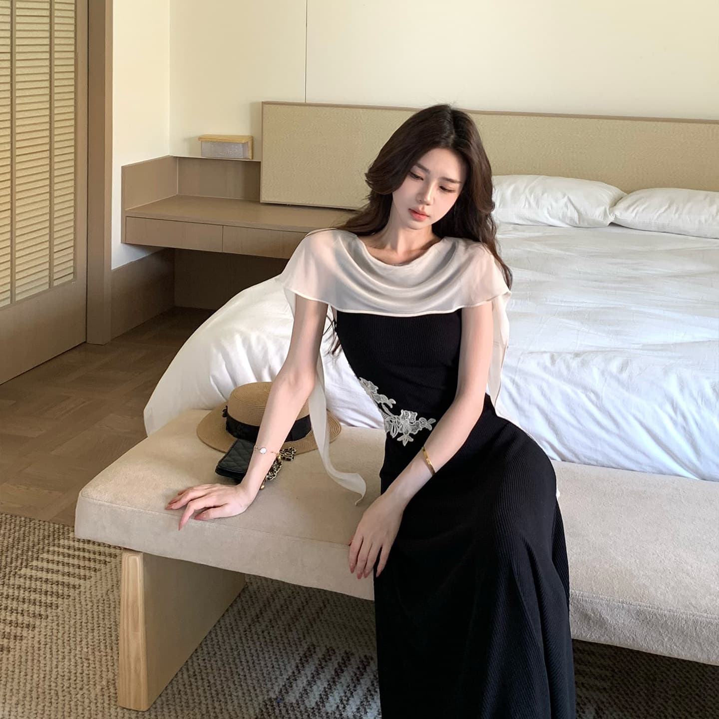 무쯔리 목자이 ~ 중 리 새로운 중식 자수 몸매 가꾸기 니트 드레스 도루 센스 하이웨이스트 롱 스커트 패치워크 쉬폰 숄 여름 이미지 2