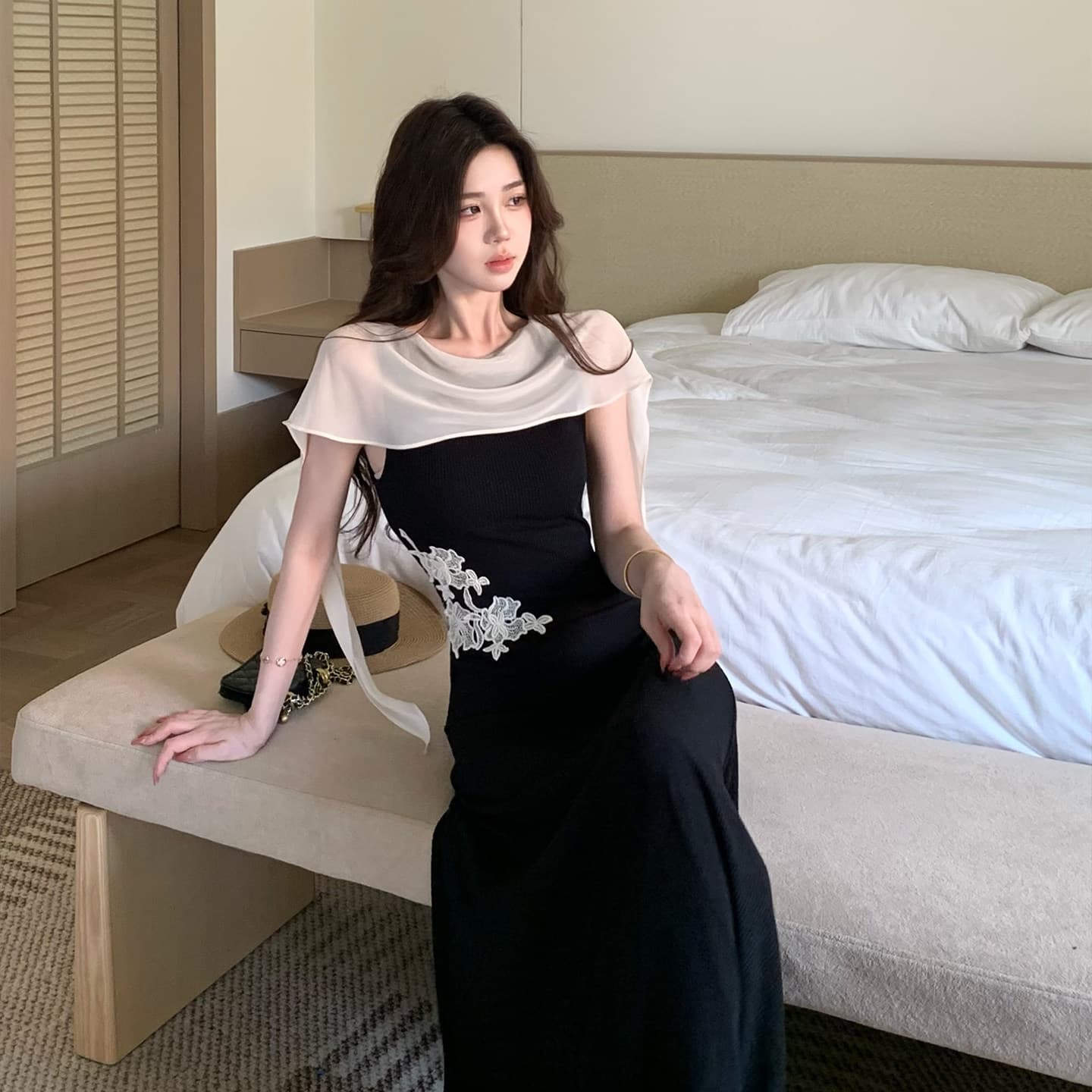 무쯔리 목자이 ~ 중 리 새로운 중식 자수 몸매 가꾸기 니트 드레스 도루 센스 하이웨이스트 롱 스커트 패치워크 쉬폰 숄 여름 이미지 6