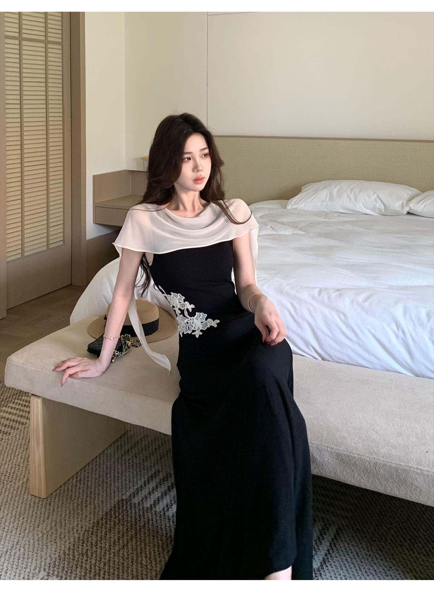무쯔리 목자이 ~ 중 리 새로운 중식 자수 몸매 가꾸기 니트 드레스 도루 센스 하이웨이스트 롱 스커트 패치워크 쉬폰 숄 여름 상세 이미지 8