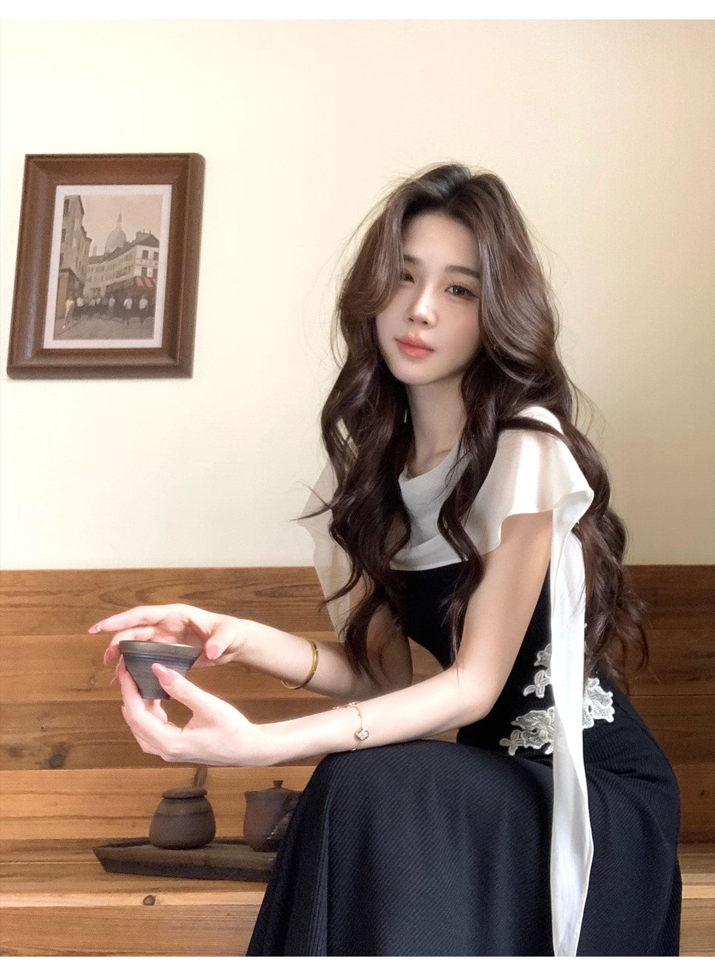 무쯔리 목자이 ~ 중 리 새로운 중식 자수 몸매 가꾸기 니트 드레스 도루 센스 하이웨이스트 롱 스커트 패치워크 쉬폰 숄 여름 상세 이미지 9