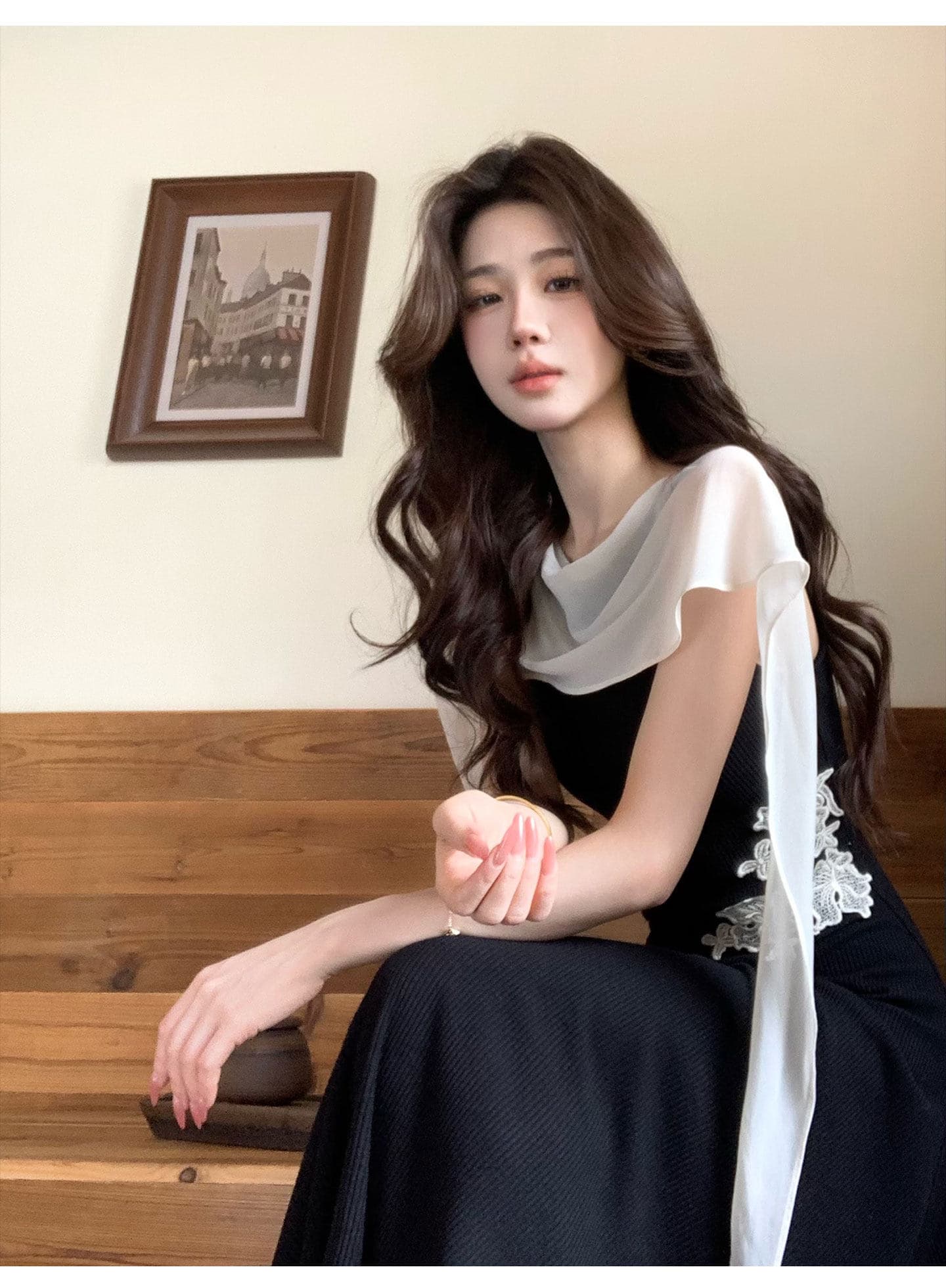 무쯔리 목자이 ~ 중 리 새로운 중식 자수 몸매 가꾸기 니트 드레스 도루 센스 하이웨이스트 롱 스커트 패치워크 쉬폰 숄 여름 상세 이미지 15