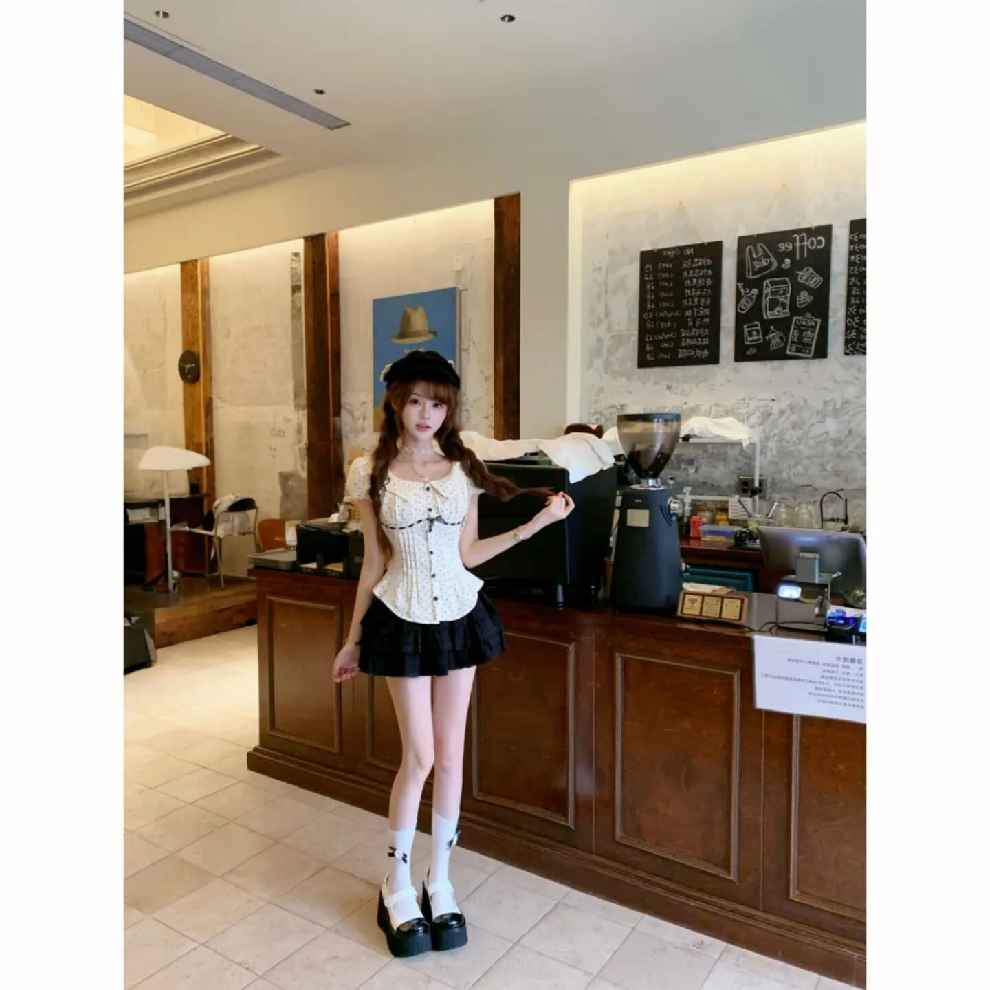 여름 몸매 가꾸기 슬림해 보이는 디자인 센스 멩 자매 학원 스타일 달콤함 베이비 칼라 도트 무늬 맨위 반신 치마 세트 여성 이미지 4