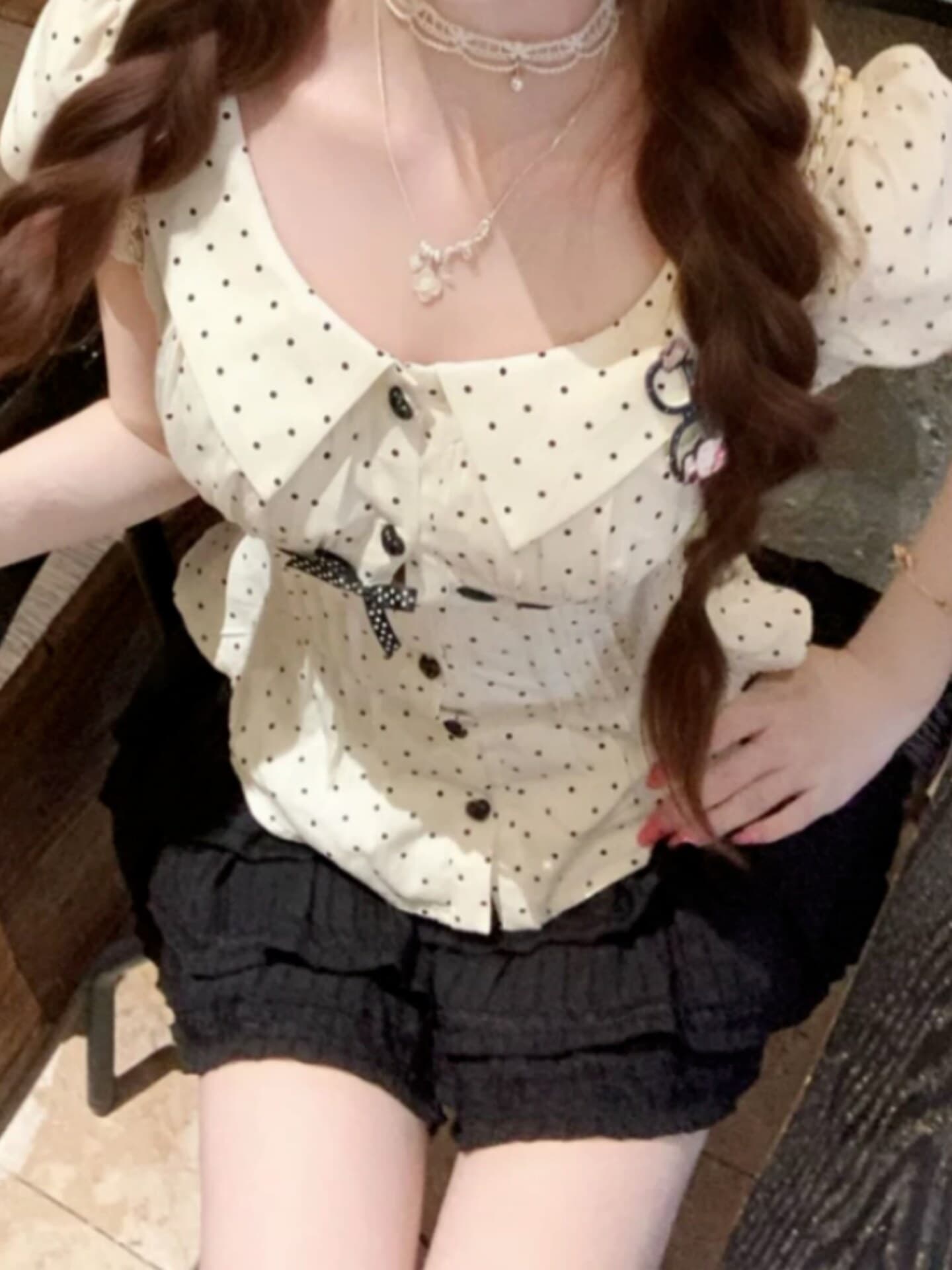 여름 몸매 가꾸기 슬림해 보이는 디자인 센스 멩 자매 학원 스타일 달콤함 베이비 칼라 도트 무늬 맨위 반신 치마 세트 여성 상세 이미지 4
