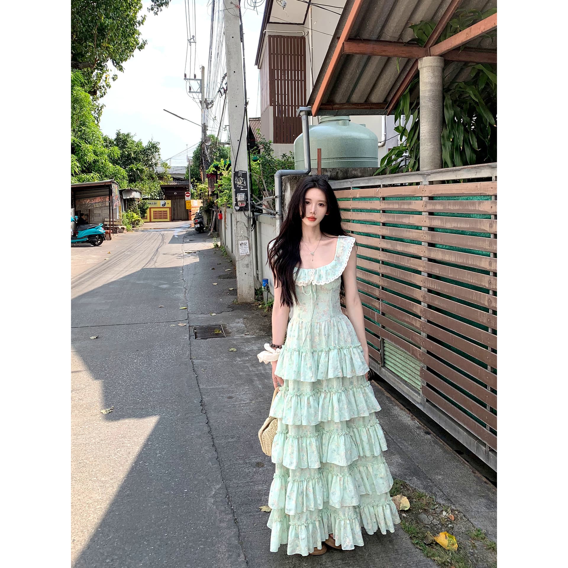하나 달콤한 복숭아 yikett 박하 남자 웨이브 여름 슬립 여성 드레스 프린트 꼬집기 허리 슬림해 보이는 원피스 치마 이미지 5